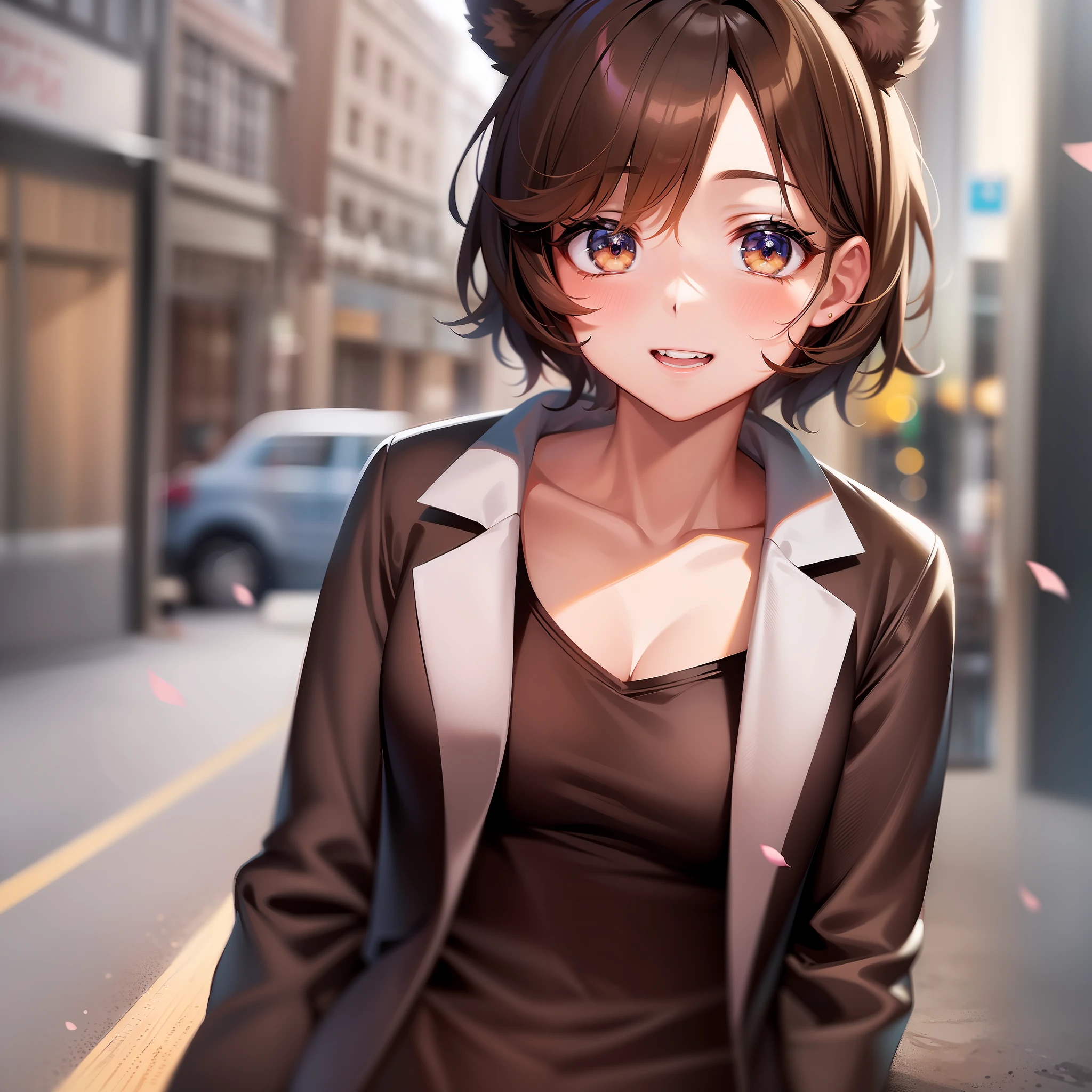 ((Best Quality, 8K,)) Anime Characters with Short Brown Hair, Young Women Anime Visuals, Today's Featured Anime Stills, Bear Ears, Official Art, Cute Girl Anime Visuals, Smiles, Animated Movies, TV Anime Stills, Transparency 16 years old Luxury tuxedo