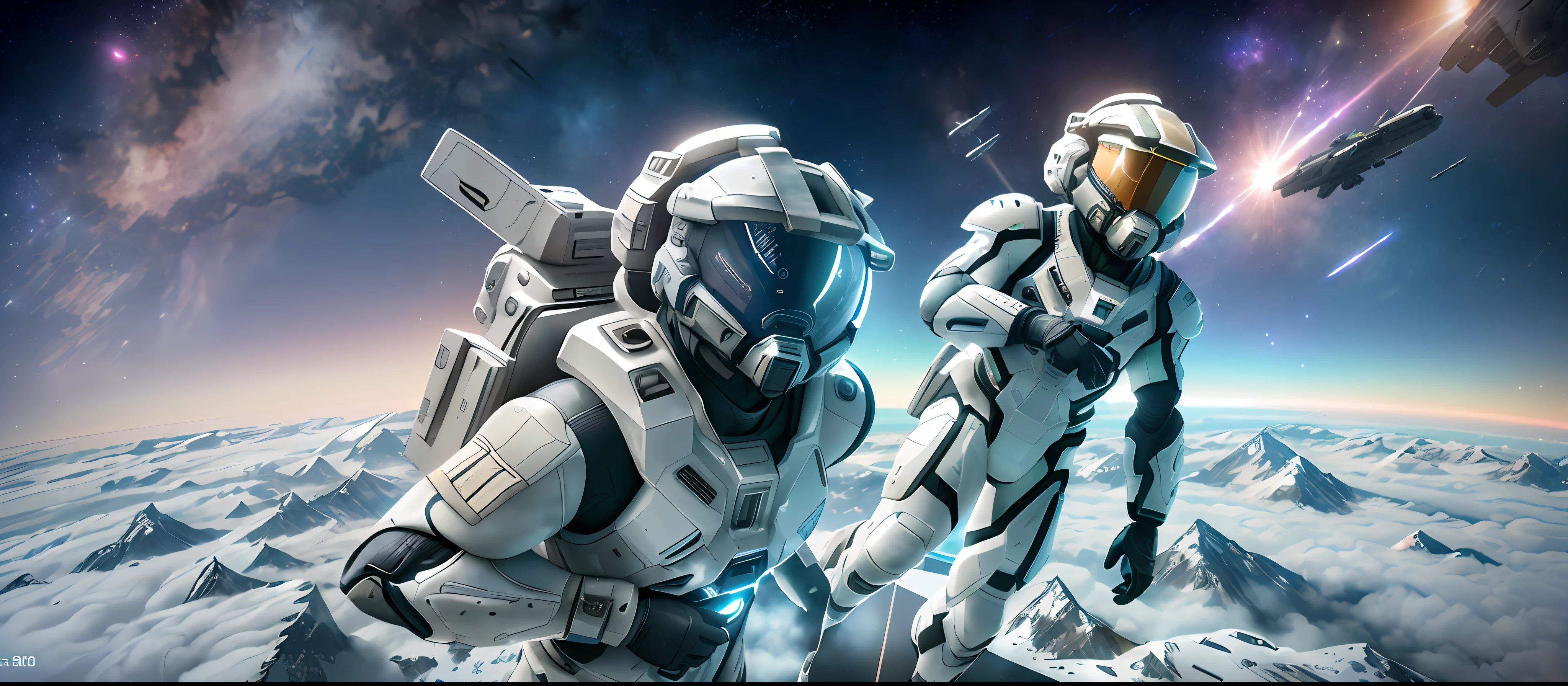 Highly detailed RAW color photograph, aerial view, (full body), (two male astronauts in white spacesuits, futuristic helmets, masks, respirators), figures are on the far left, two male astronauts suspended in the air, sky, sky, (science fiction), mountains (two satellites), sky: 0.8), (very detailed, complex), (lens flare), (very detailed, ultra-detailed, complex), (Very detailed, ultra-detailed, complex), (halo: 0.7), particle effects, ray tracking, movie lighting, Sony, a9 II deep view lens, 24mm wide angle lens, sharp focus, movie stills