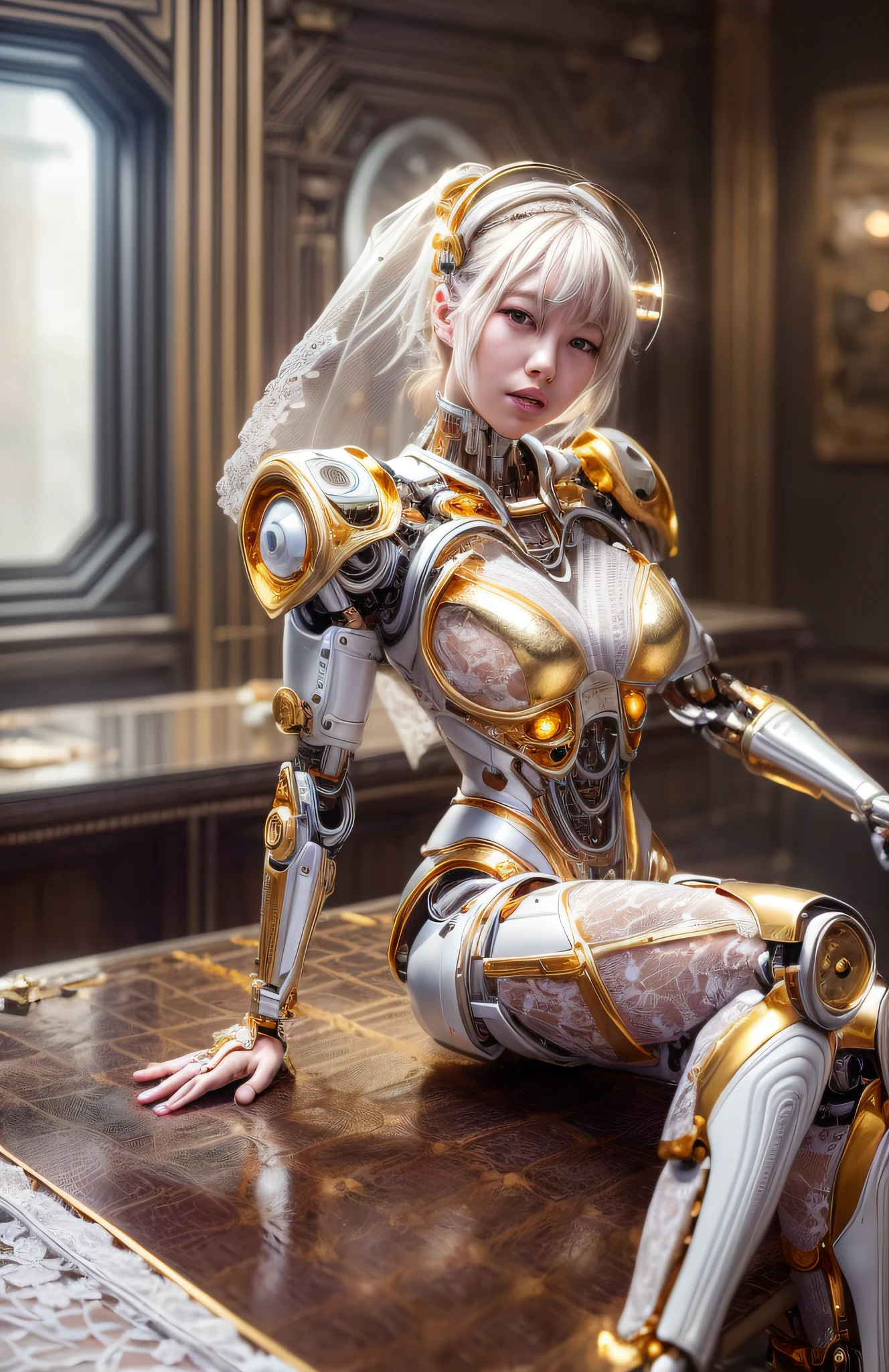 photorealistic, a woman in a white (lace, gold cyborg suit:1.55) (sitting on top of a table:1.4) (turned towards the viewer:1.2), (open legs:1.4), gold long hair, cyborg, robotic parts, beautiful detailed body and face, (looking left side:1.3), gigantic cleavage breasts, sakimichan hdri, amouranth, a beautiful detailed orixa, 2049, chiaki nanami, afro futuristic, made in maya, sam yang, 2070, cyborg, robotic parts, 150 mm, beautiful studio soft light, rim light, vibrant details, luxurious cyberpunk, lace, hyperrealistic, anatomical, facial muscles, cable electric wires, microchip, elegant, beautiful background, octane render, 8k, best quality, masterpiece, illustration, an extremely delicate and beautiful, extremely detailed ,CG ,unity ,wallpaper, (realistic, photo-realistic:1.37), Amazing, finely detail, masterpiece, best quality, official art, extremely detailed CG unity 8k wallpaper, absurdres, incredibly absurdres, robot, Violet halmet, full body, sitting, (sfw:1.2),