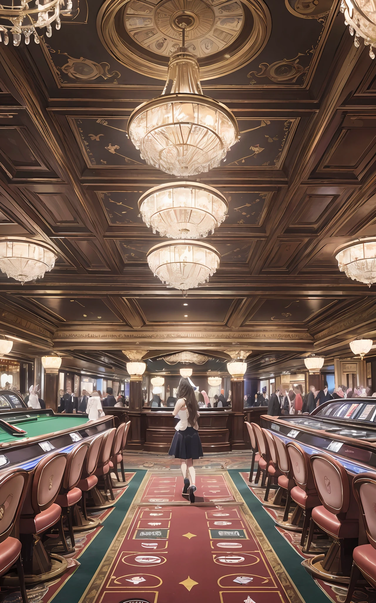 (8k, RAW photo, best quality, masterpiece:1.2), ((distant view)), romantic casino interior, people playing roulette, bunny girl, gambling, landscape, overall blur