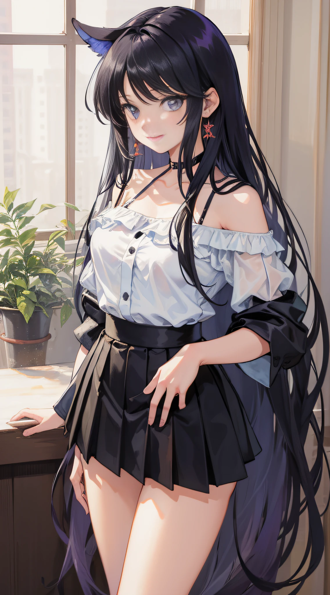 masterpiece, best quality, absurdres, perfect antomy, 1girl, solo, SMMars, very long hair, parted bangs, 1990s \(style\), standing, smile, cowboy shot, pleated skirt, black skirt, off-shoulder shirt