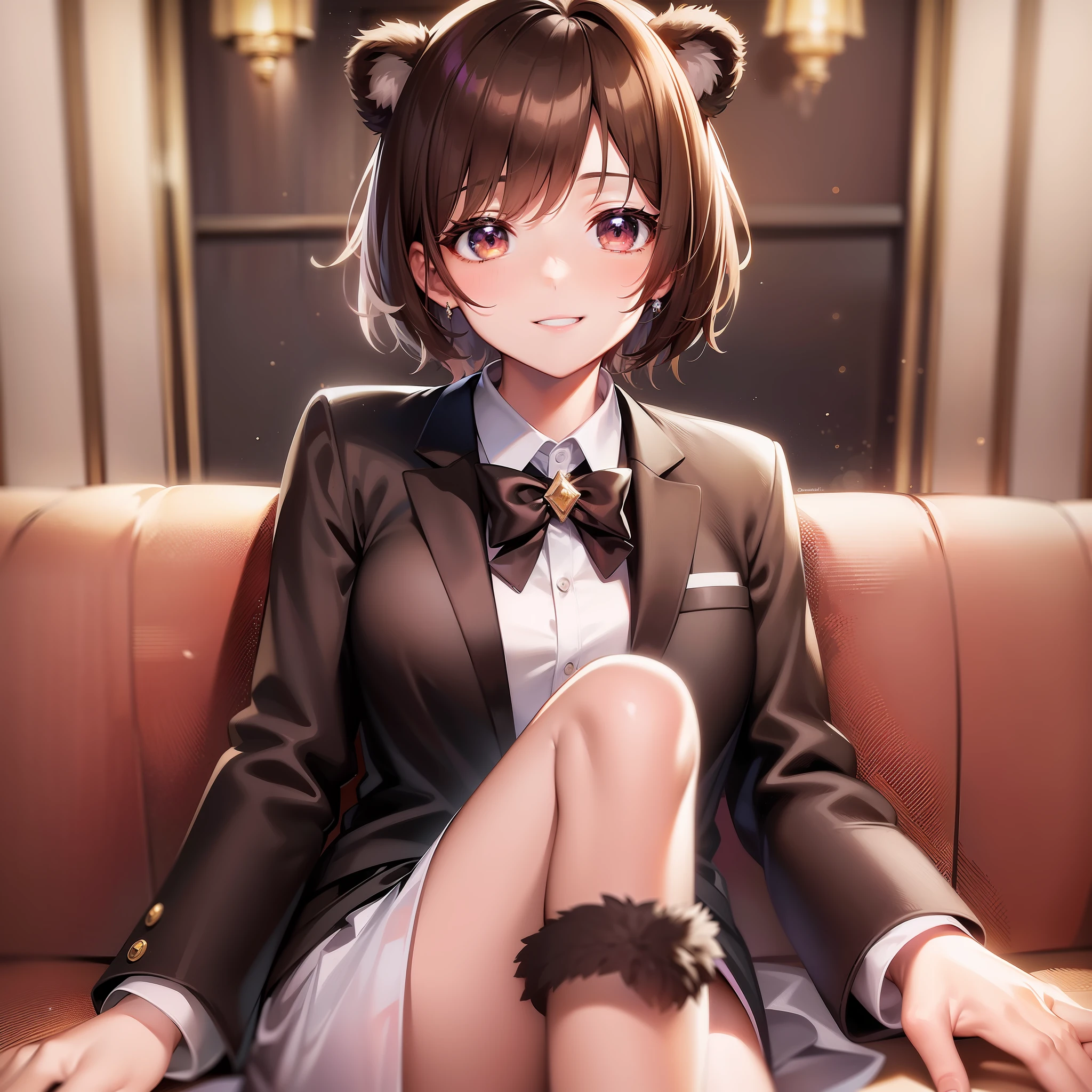 ((Top Quality, 8K,)) Anime characters with short brown hair, Anime visuals of young women, Today's featured anime stills, bear ears, official art, cute girl anime visuals, smiles, anime movies, TV anime stills, transparency Luxury tuxedo Luxury hotels