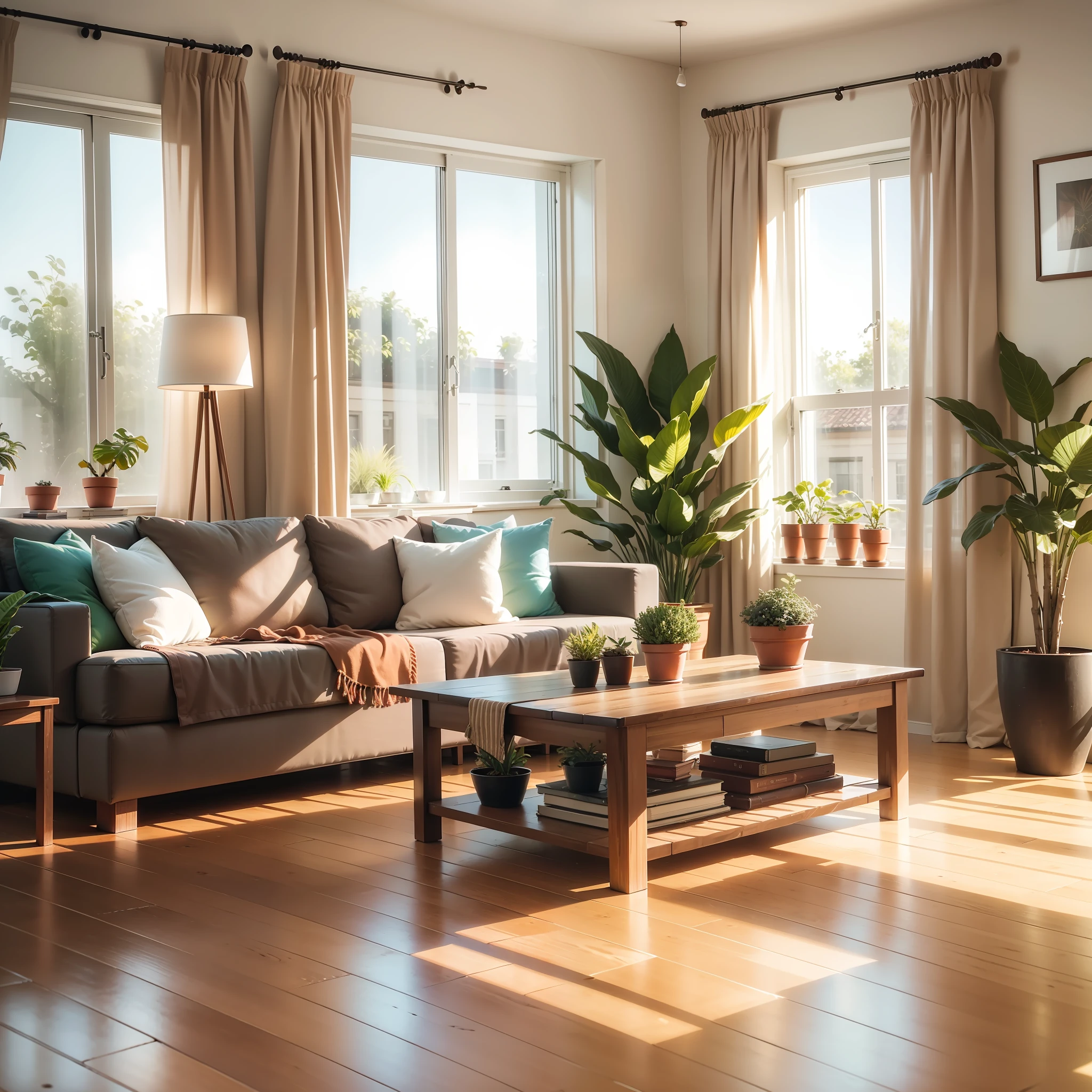 Living room with brown wooden furniture, open windows with curtains, tables with potted plants, shadows, afternoon light, wooden plank floor floor, super realistic, 8k --auto --s2