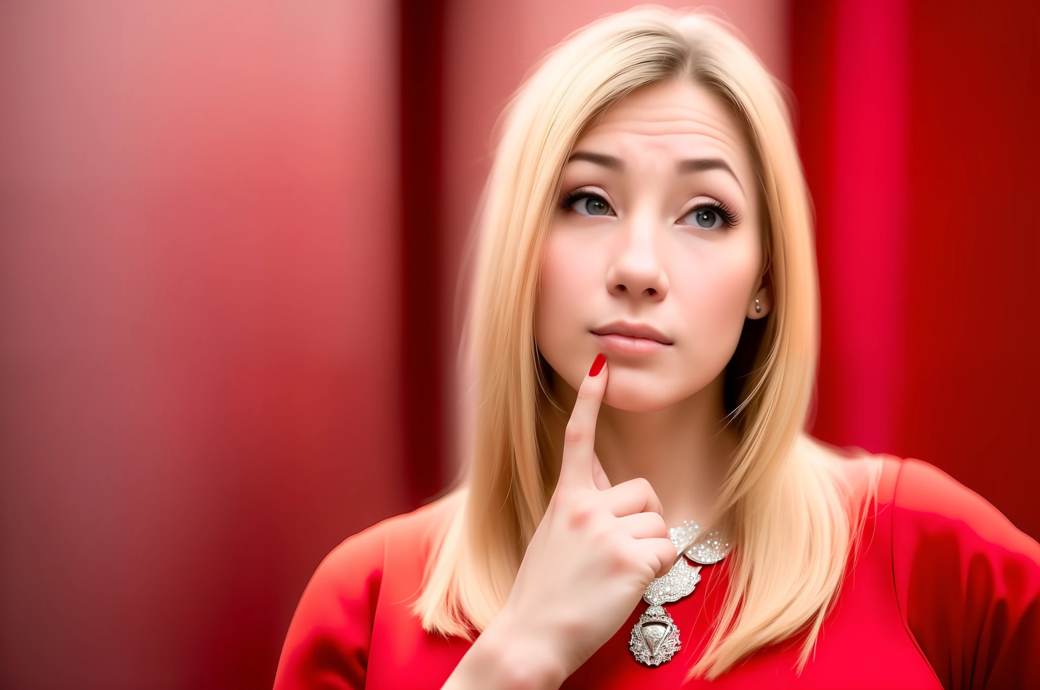 There's a woman in a red dress holding her finger to her lips, hand to chin, woman's face looking out of camera, looking up, featured, hovering indecision, pondering, thoughtful expression, hand on cheek, thoughtful, thin pointed chin, pointed chin, iStock, focus on pursed lips, thinking pose, profile picture, slick, thoughtful chin), looking confused