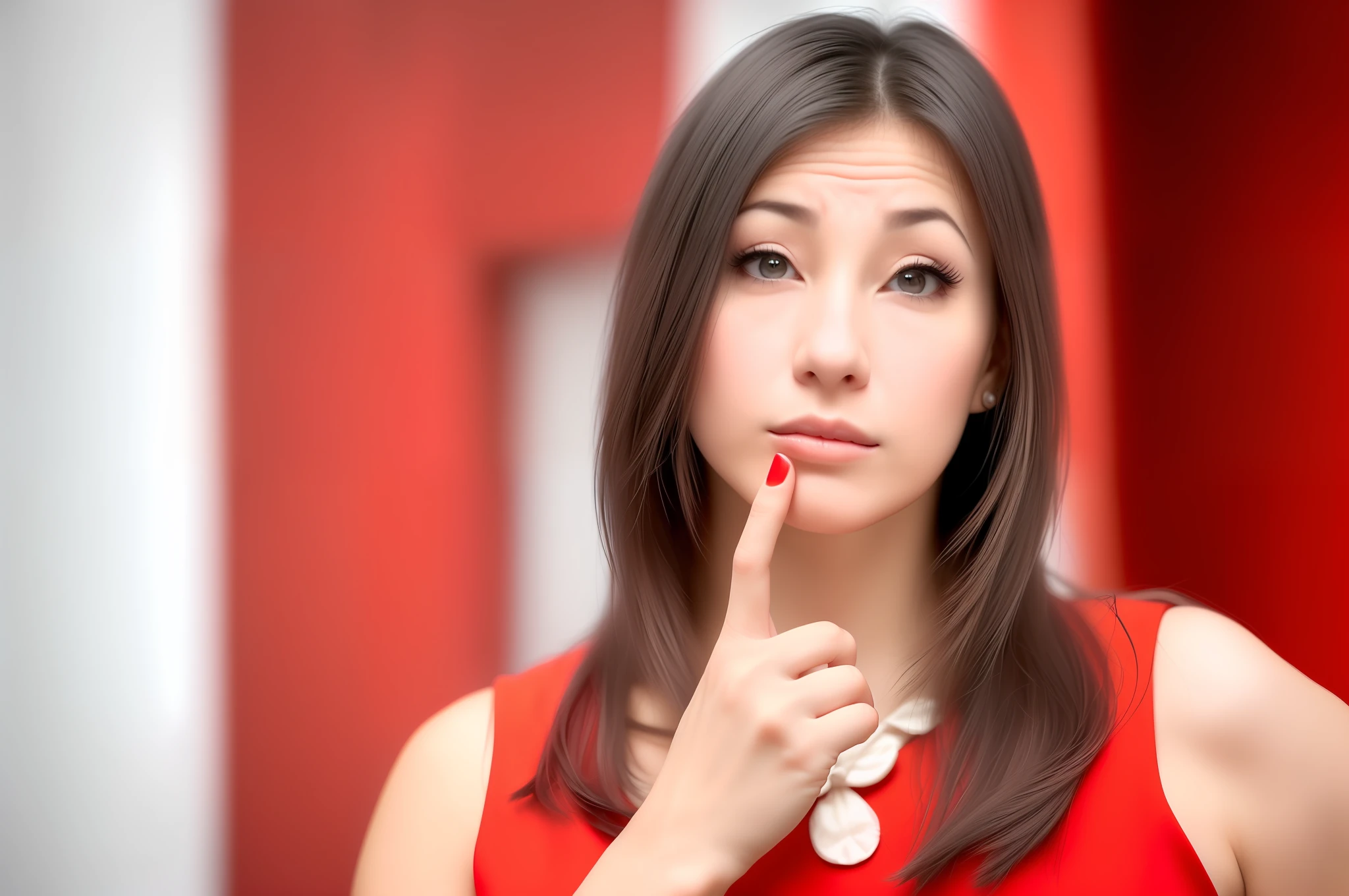 There's a woman in a red dress holding her finger to her lips, hand to chin, woman's face looking out of camera, looking up, featured, hovering indecision, pondering, thoughtful expression, hand on cheek, thoughtful, thin pointed chin, pointed chin, iStock, focus on pursed lips, thinking pose, profile picture, slick, thoughtful chin), looking confused