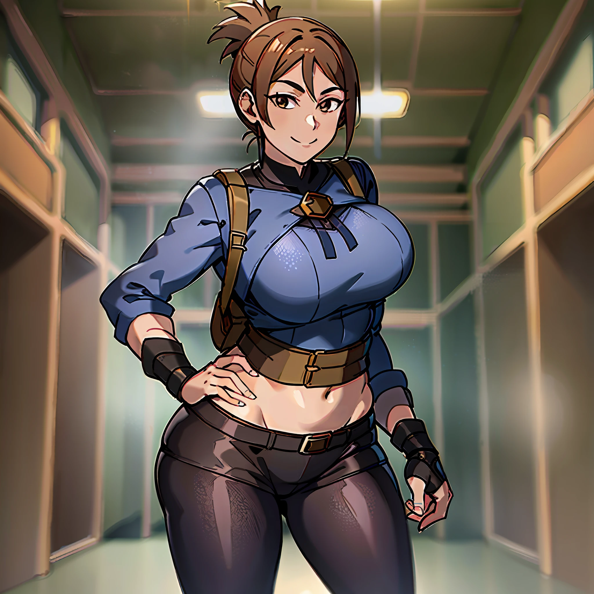 marci dota2, absurdres, high quality, best quality, 1girl, black pants, big breasts, solo, boots, standing, smile,hand on hip, brown eyes, looking at viewer, long sleeves, anime coloring, anime screencap, brown backpack, muslos grandes, wide hips, cuerpo de reloj de arena, trasero grande