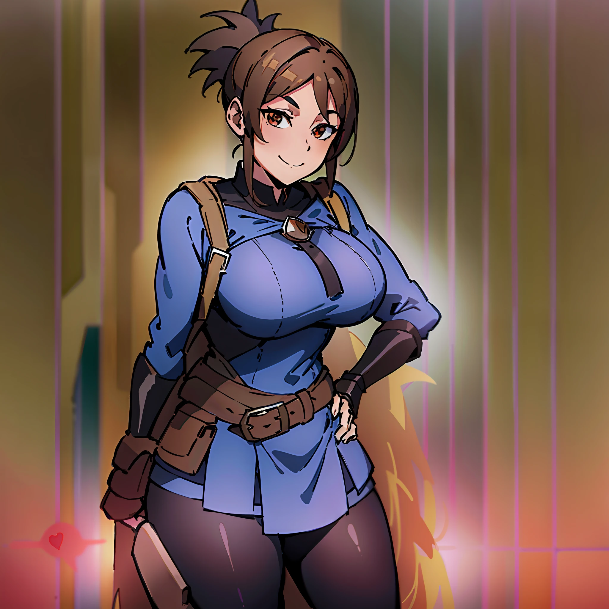 marci dota2, absurdres, high quality, best quality, 1girl, black pants, big breasts, solo, boots, standing, smile,hand on hip, brown eyes, looking at viewer, long sleeves, anime coloring, anime screencap, brown backpack, muslos grandes, wide hips, cuerpo de reloj de arena, trasero grande