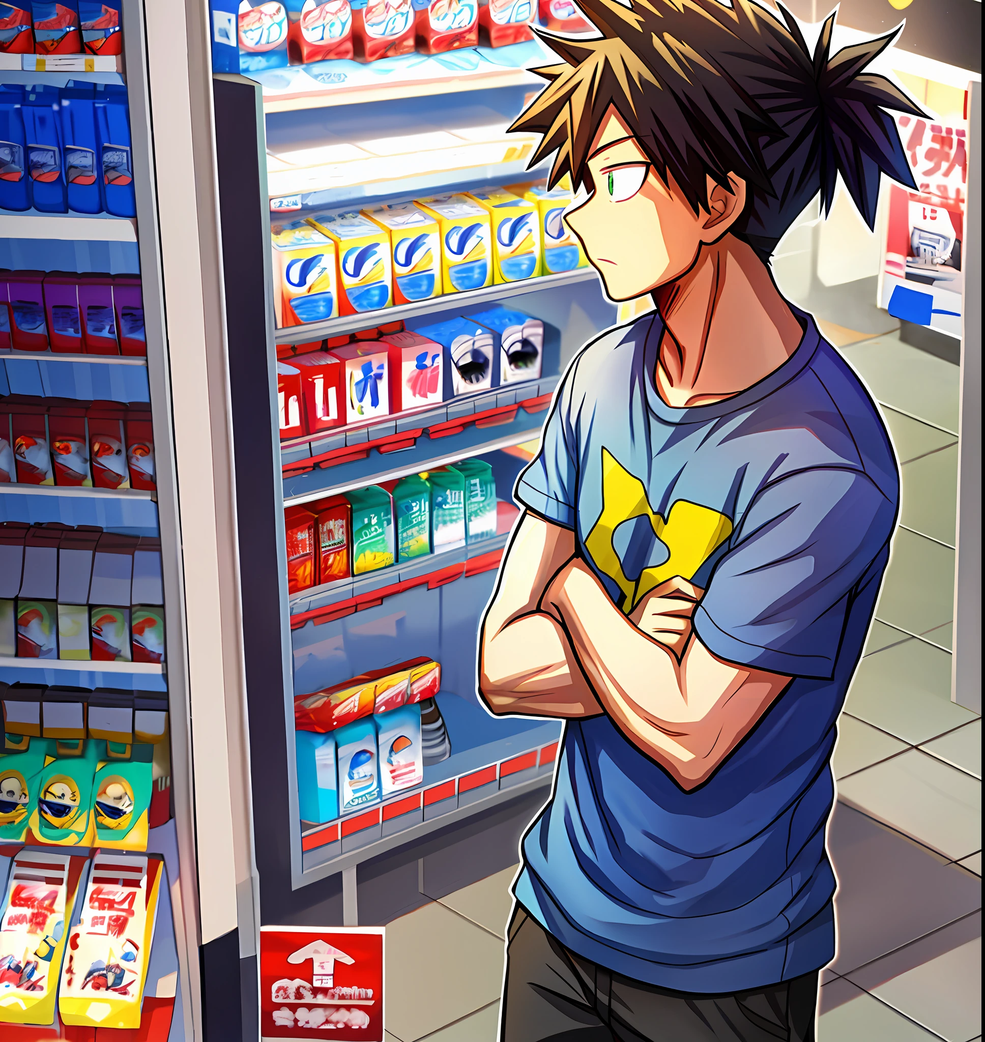 1man, Hero Academia art style. Solo, convenience store background, looking bored, looking away, hand on chin