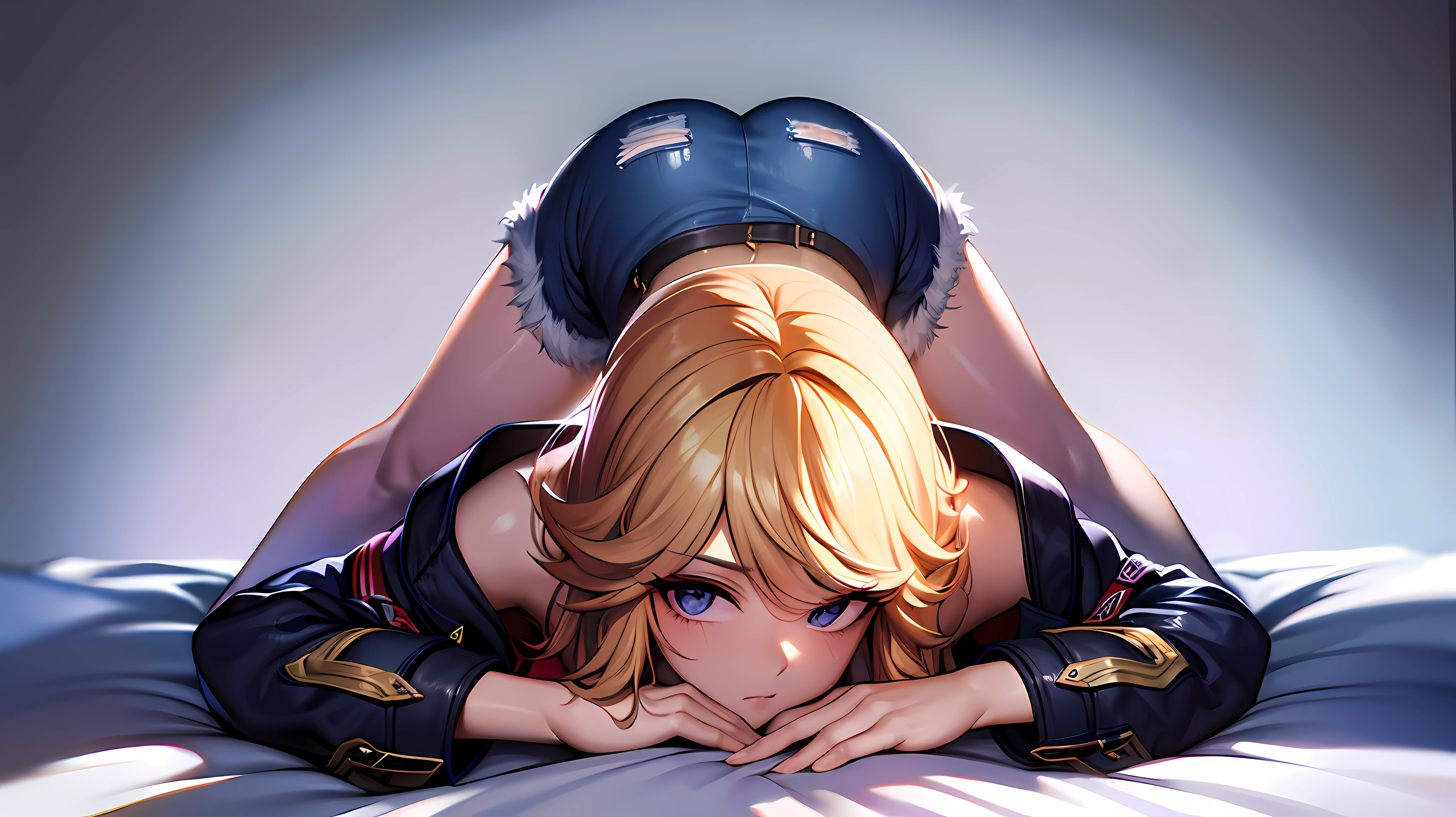 ((large breast, tomboy girls, small head)), (perfect body : 1.1), (long wavy hair : 1.2) , blonde hair, collar, chain, full body shot, wearing black tanktop, jeans jacket, ((denim shorts)), (extremely detailed CG 8k wallpaper), (an extremely delicate and beautiful), (masterpiece), (best quality:1.0), (ultra highres:1.0), jackopose, top-down, on bed