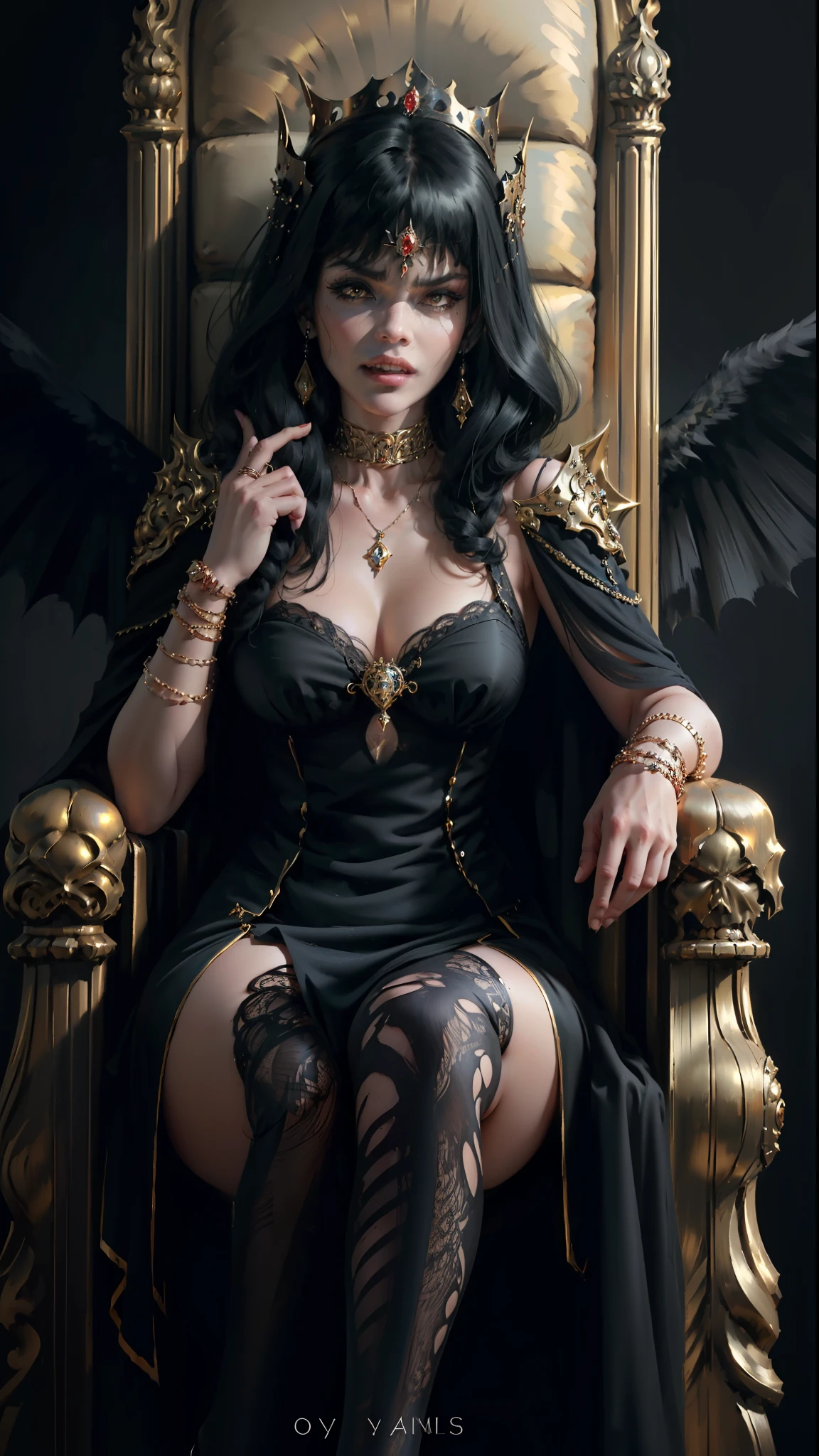((Best quality)), ((masterpiece)), (highly detailed:1.3),a woman black hair bangs covering her eyes, intimidating demon queen very angry, sitting on the throne dressed all black laughing bracelets pantyhose