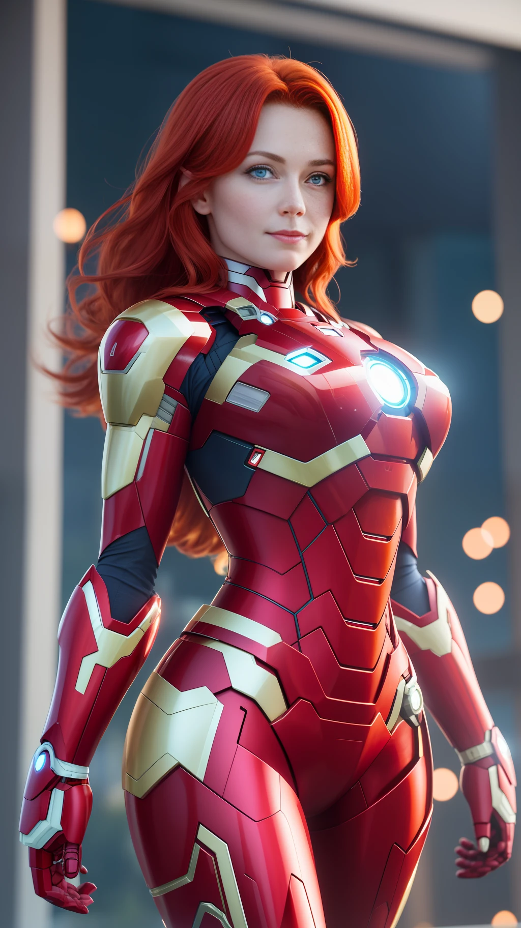 Masterpiece, 4K, HQ, Realistic,  charachter, hyper-intrincate, a incredible redhead girl in the skycraper, ironman suit, she is the ironman, superhero movie, clean skin, white skin, longer hair,  intense blue eyes, relax, 25 years old, full-body frame, complete body shot, complete image subject, cinematic, natural ilumination, powerful, impressive, lovely,