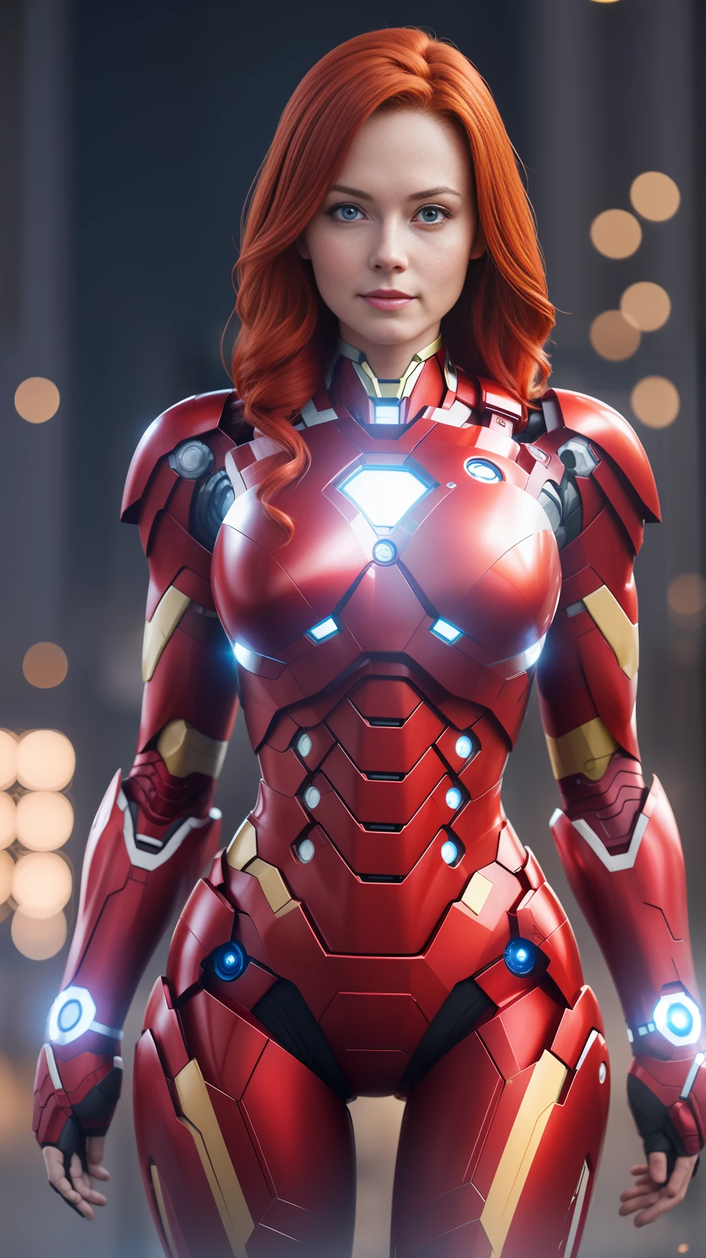 Masterpiece, 4K, HQ, Realistic, charachter, hyper-intrincate, a incredible redhead girl in the skycraper, ironman suit, she is the ironman, superhero movie, clean skin, white skin, longer hair, intense blue eyes, relax, 25 years old, full-body frame, complete body shot, complete image subject, cinematic, natural ilumination, powerful, impressive, lovely,