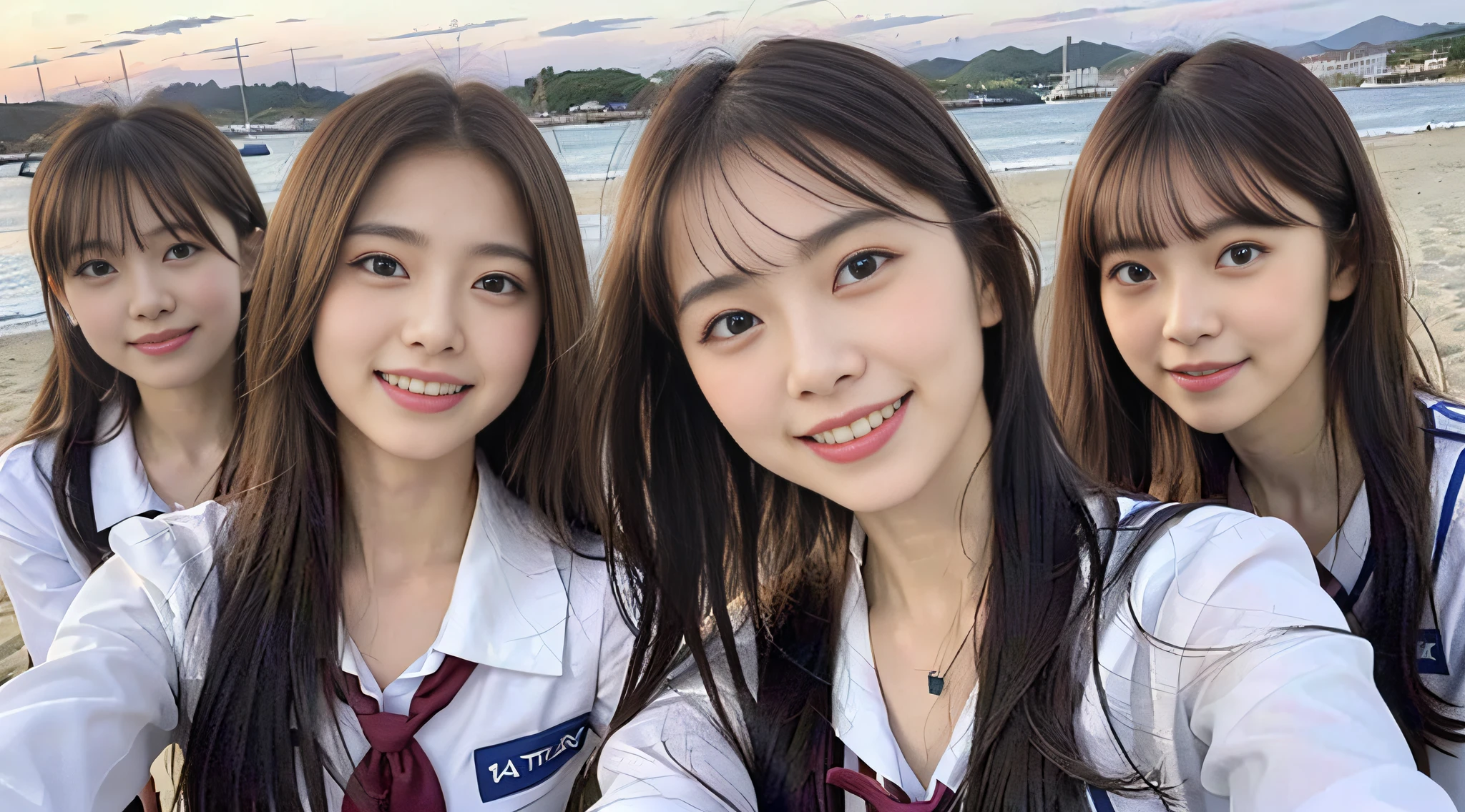 (8k, RAW photos, top quality, masterpiece: 1.2), super detail, super resolution, movie shot, (photorealistic: 1.4), frolicking by the water, full body shot, full body photo, high resolution raw color photo, professional photo, sun beach, emotional scenery, very detailed and beautiful, super high quality, 8k wallpaper, amazing details, huge file size, very detailed beautiful girlvery detailed face, very detailed eyes, very realistic skin, very detailed fingers, very detailed nose, very detailed mouth, perfect anatomy, very detailed background, very detailed clothes, teen, pretty girl, famous Japan idol, cute, realistic body, slender, white skin, glowing skin, slim body, long straight hair, (dull bangs:1.2), realistic face, delicate eyes, double eyelids, Sailor suit, red tie, pink eye shadow, high school girl Friend Smiling hair, after school Beautiful sunset Beach brown hair Genki High school girl youth Celebrity level cuteness Frolicking with multiple high school girls Looks happy A figure full of smiles, open arms facing us, modern female proofreading