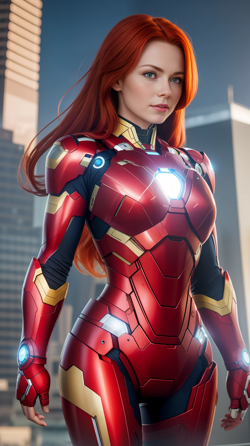 Masterpiece, 4K, HQ, Realistic,  charachter, hyper-intrincate, a incredible redhead girl in the skycraper, ironman suit, she is the ironman, superhero movie, clean skin, white skin, longer hair,  intense blue eyes, relax, 25 years old, full-body frame, complete body shot, complete image subject, cinematic, natural ilumination, powerful, impressive, lovely,