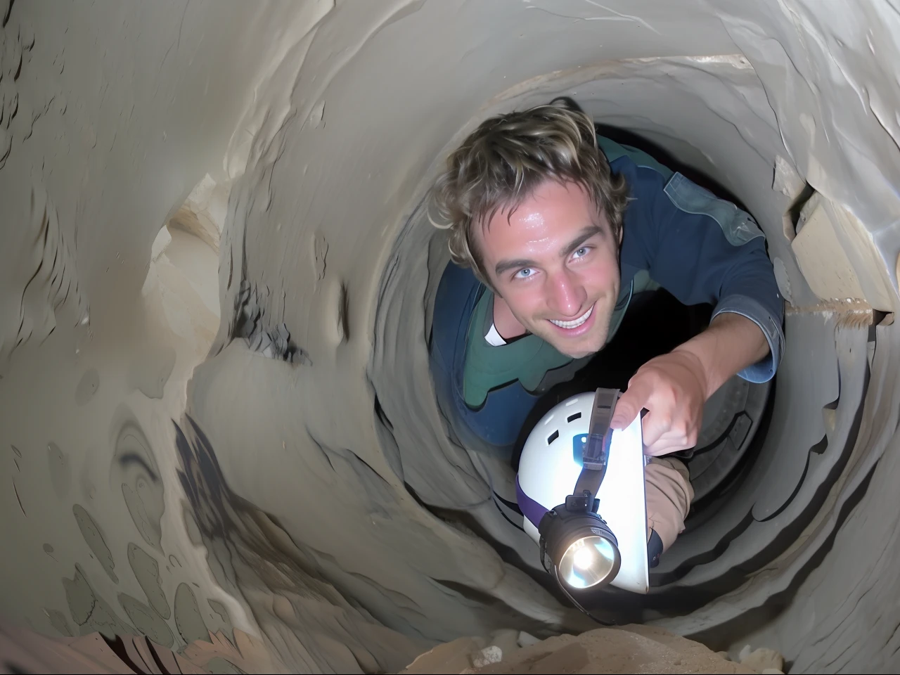 arafed man in a tunnel with a helmet and a flashlight, crawling in a wet sewer pipe, in an ancient vault, in a large desert cave, zach hill, gary, brad, ron, rob, inside the tunnel, pov shot, photo still, camera looking down into the maw, pov photo, in a cave, looking down on the camera