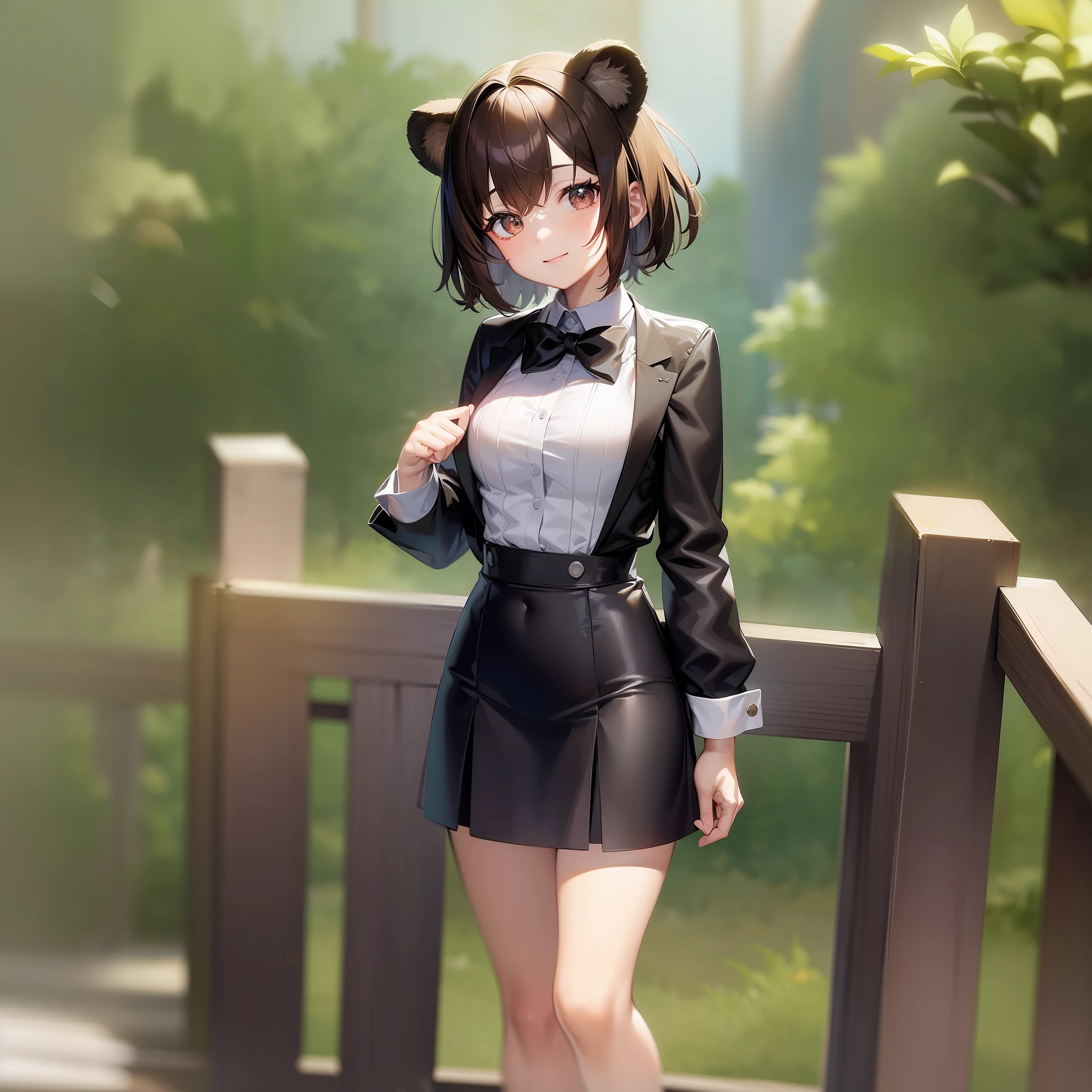 ((Top Quality, 8K,)) Anime characters with short brown hair, young female anime visuals, Today's featured anime stills, bear ears, official art, cute girl anime visuals, smiles, animated movies, TV anime stills, Transparency  Luxury tuxedo Gorgeous stage Respond to completion