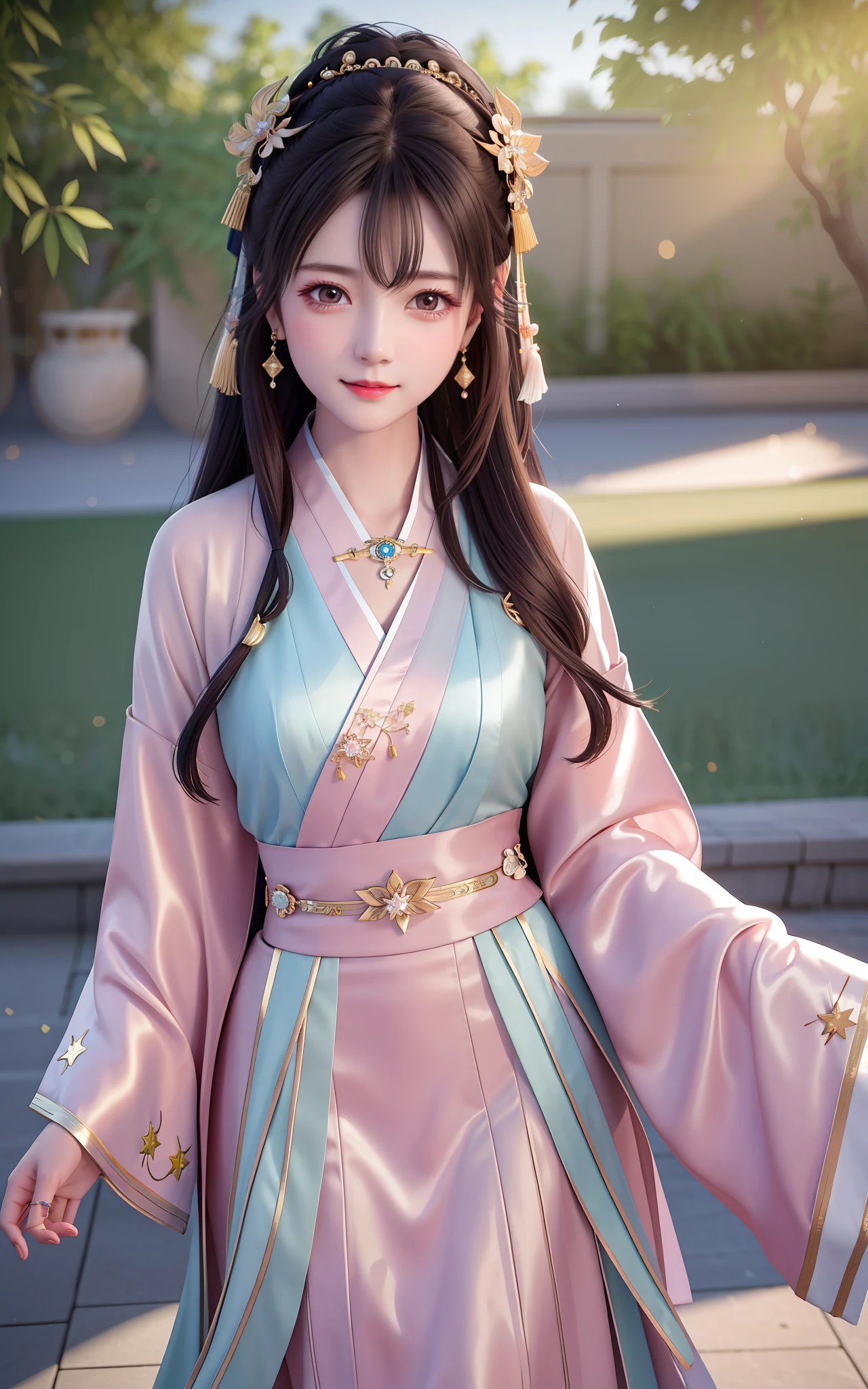best quality, masterpiece, highres, 1girl,blush,(seductive smile:0.8),star-shaped pupils,china hanfu,hair ornament,necklace, jewelry,Beautiful face,upon_body, tyndall effect,photorealistic, dark studio, rim lighting, two tone lighting,(high detailed skin:1.2), 8k uhd, dslr, soft lighting, high quality, volumetric lighting, candid, Photograph, high resolution, 4k, 8k, Bokeh