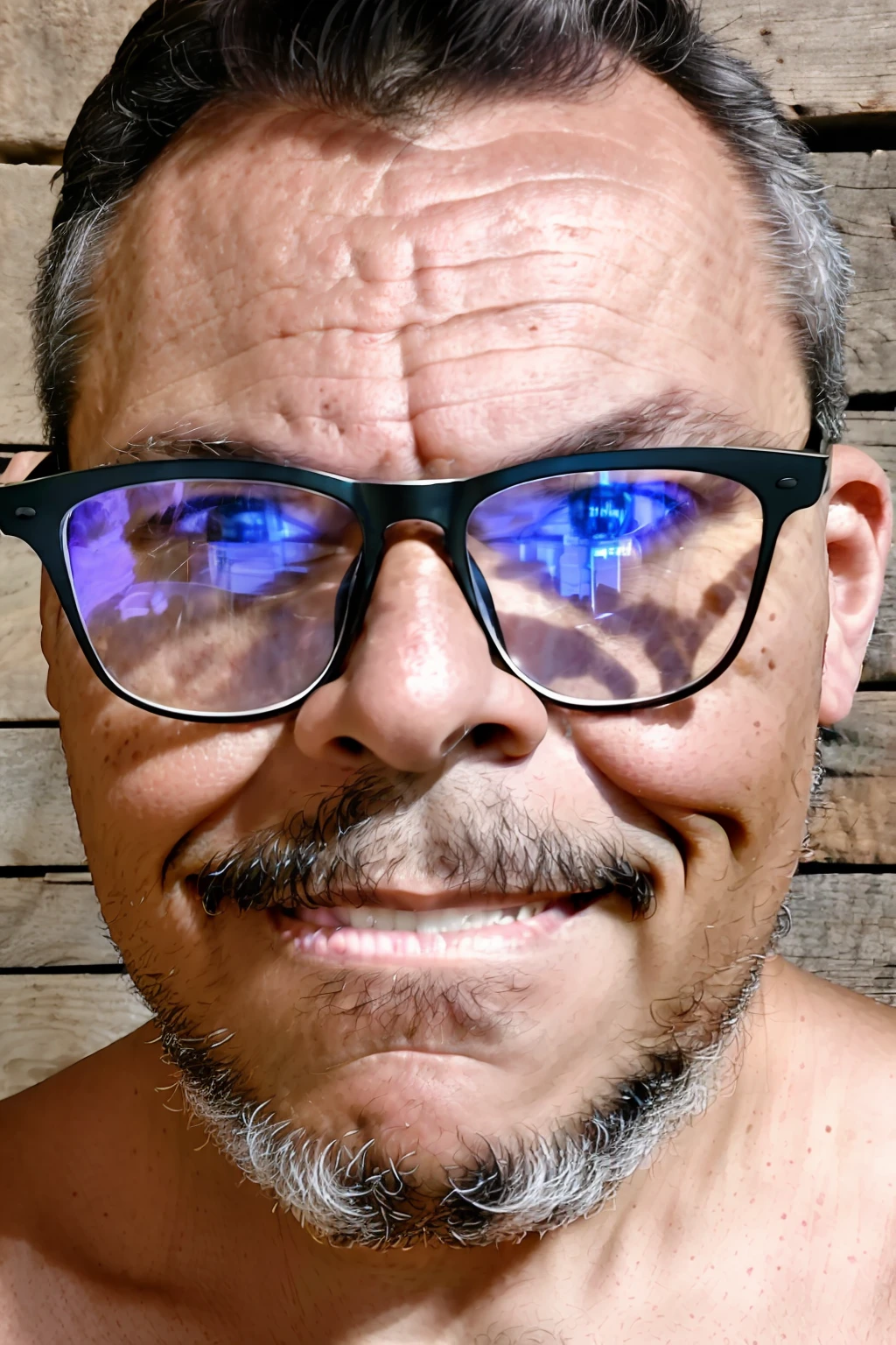 full frame, close portrait, rustic, male model, black t-shirt, brunette man of ((glasses without reflection)), tanned and wrinkled skin, gray hair, gray beard full of lumberjack, dark brown eyes, (skin texture), skin pores, light til background, shallow depth of field, sharp eye focus, backlit