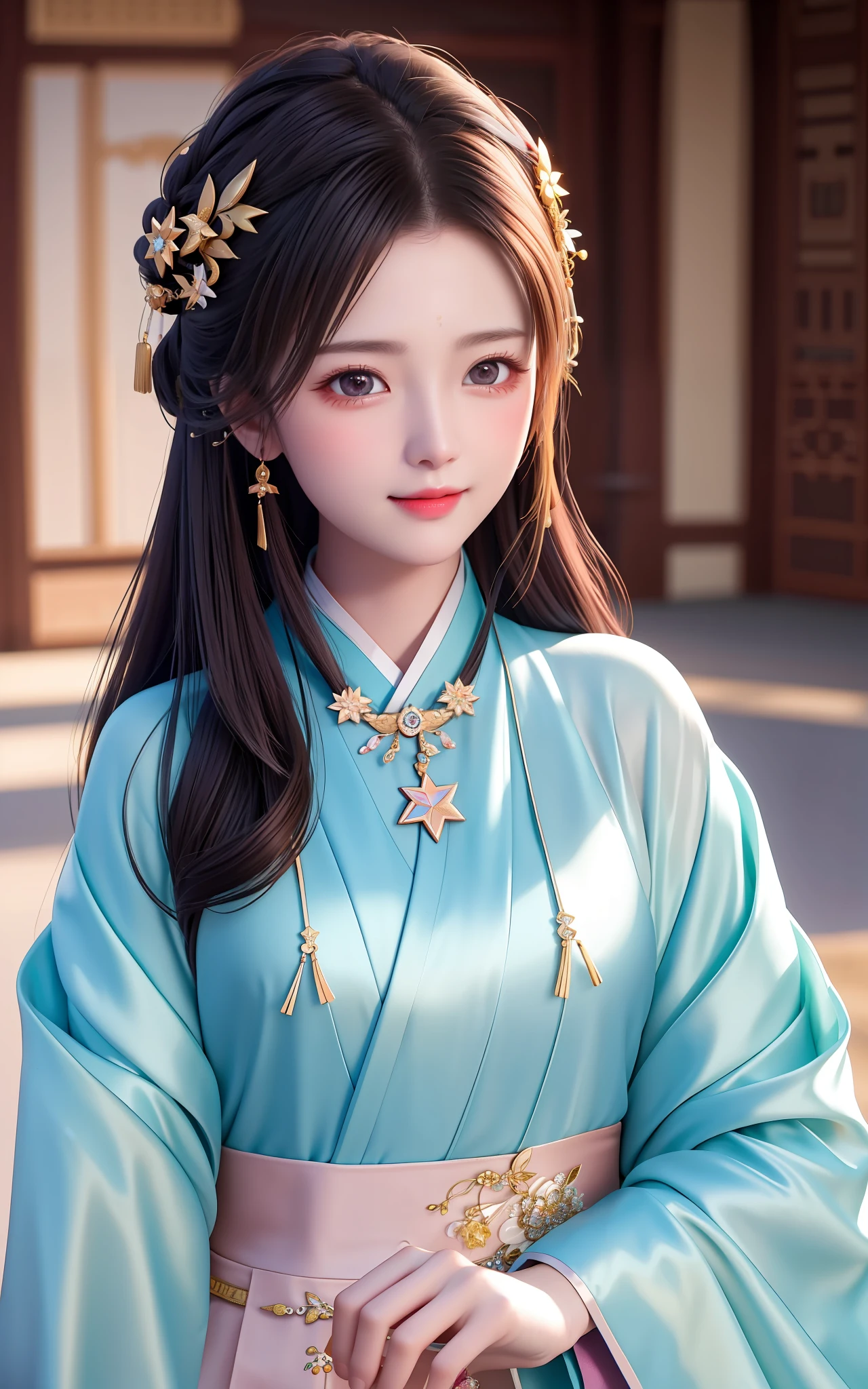 best quality, masterpiece, highres, 1girl,blush,(seductive smile:0.8),star-shaped pupils,china hanfu,hair ornament,necklace, jewelry,Beautiful face,upon_body, tyndall effect,photorealistic, dark studio, rim lighting, two tone lighting,(high detailed skin:1.2), 8k uhd, dslr, soft lighting, high quality, volumetric lighting, candid, Photograph, high resolution, 4k, 8k, Bokeh