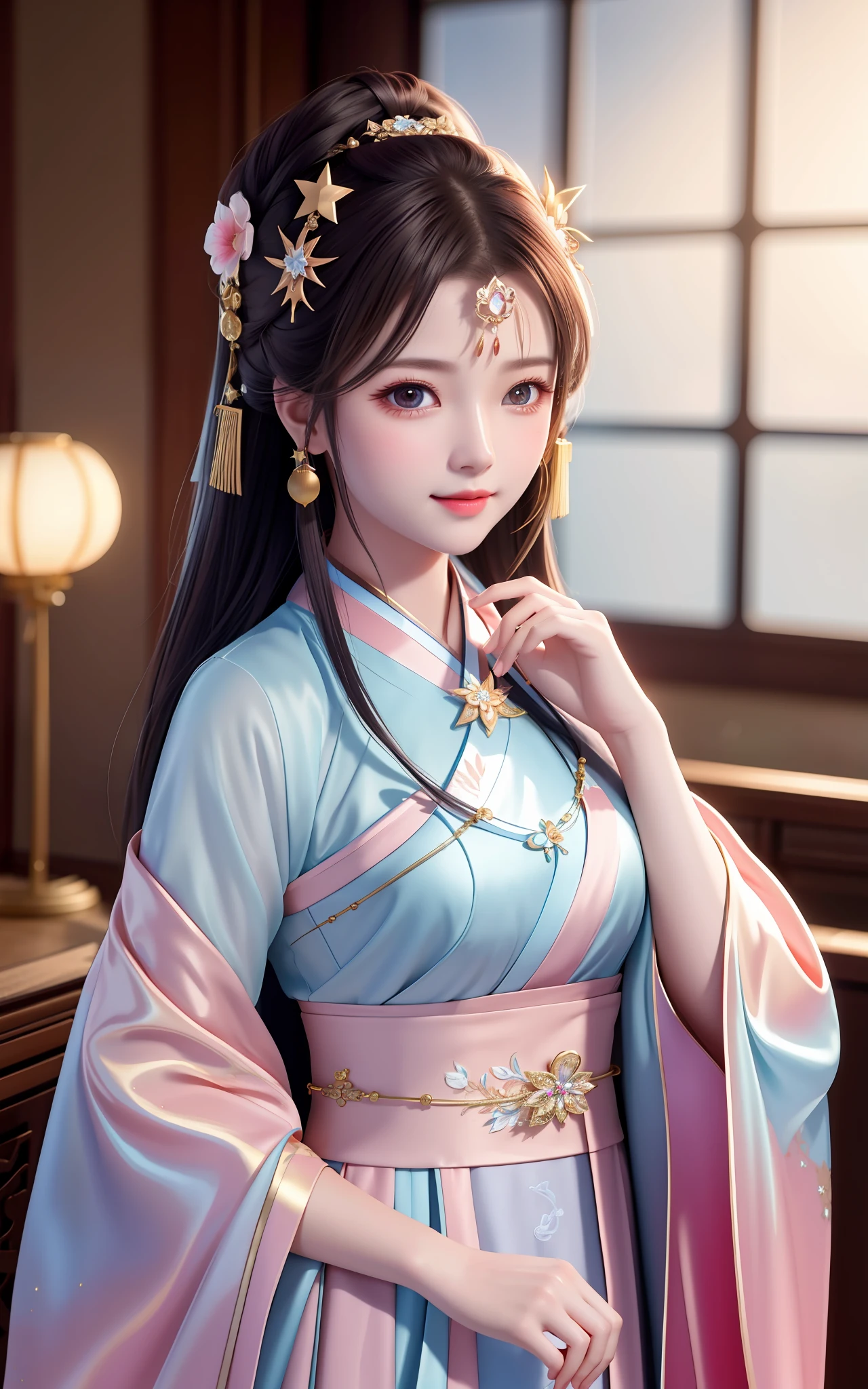 best quality, masterpiece, highres, 1girl,blush,(seductive smile:0.8),star-shaped pupils,china hanfu,hair ornament,necklace, jewelry,Beautiful face,upon_body, tyndall effect,photorealistic, dark studio, rim lighting, two tone lighting,(high detailed skin:1.2), 8k uhd, dslr, soft lighting, high quality, volumetric lighting, candid, Photograph, high resolution, 4k, 8k, Bokeh