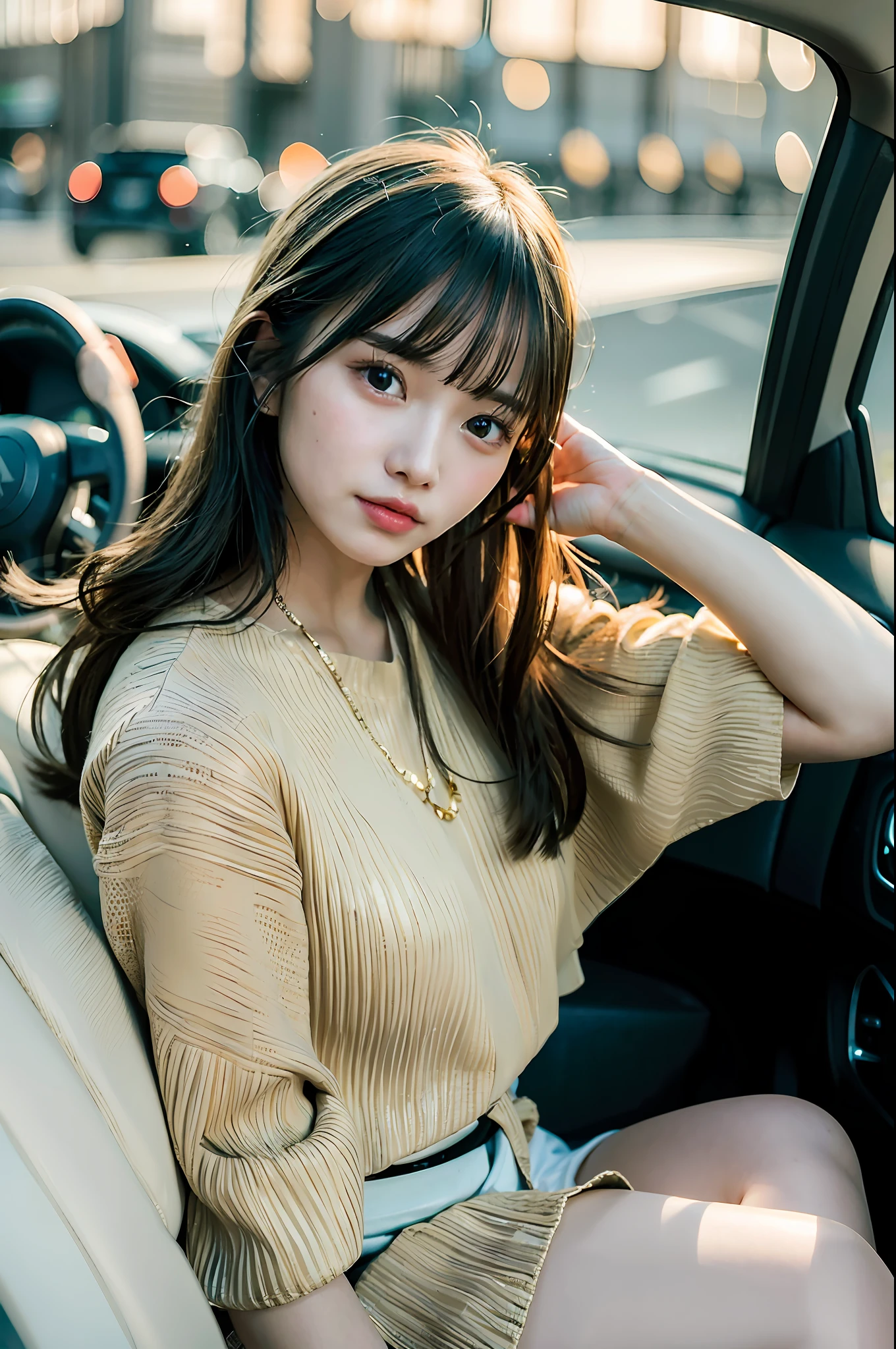 (masterpiece),(best quality:1.0), (ultra highres:1.0), detailed, 1 young girl, golden hour, detailed beautiful skin, (sitting in a car), detailed eyes