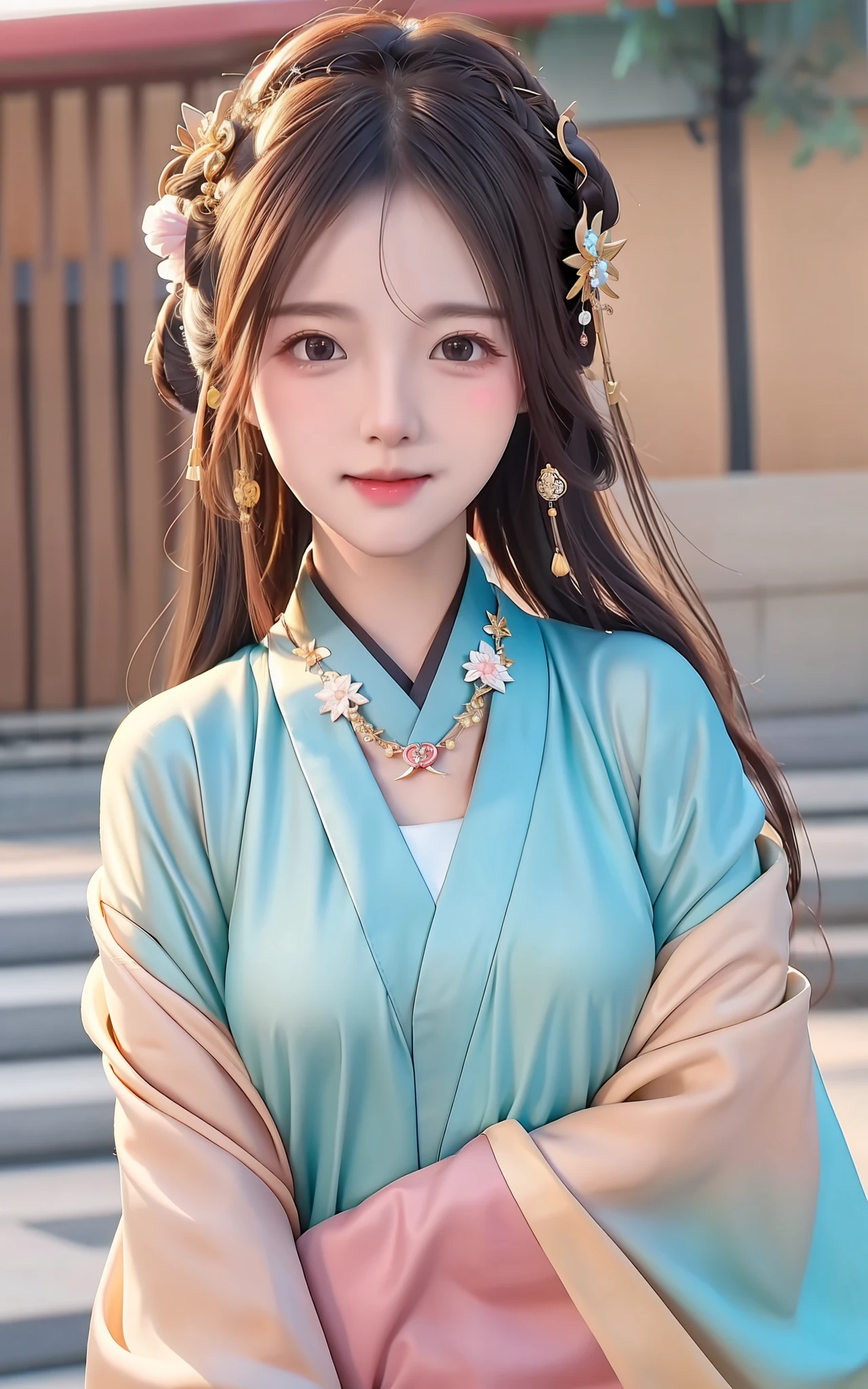 best quality, masterpiece, highres, 1girl,blush,(seductive smile:0.8),star-shaped pupils,china hanfu,hair ornament,necklace, jewelry,Beautiful face,upon_body, tyndall effect,photorealistic, dark studio, rim lighting, two tone lighting,(high detailed skin:1.2), 8k uhd, dslr, soft lighting, high quality, volumetric lighting, candid, Photograph, high resolution, 4k, 8k, Bokeh