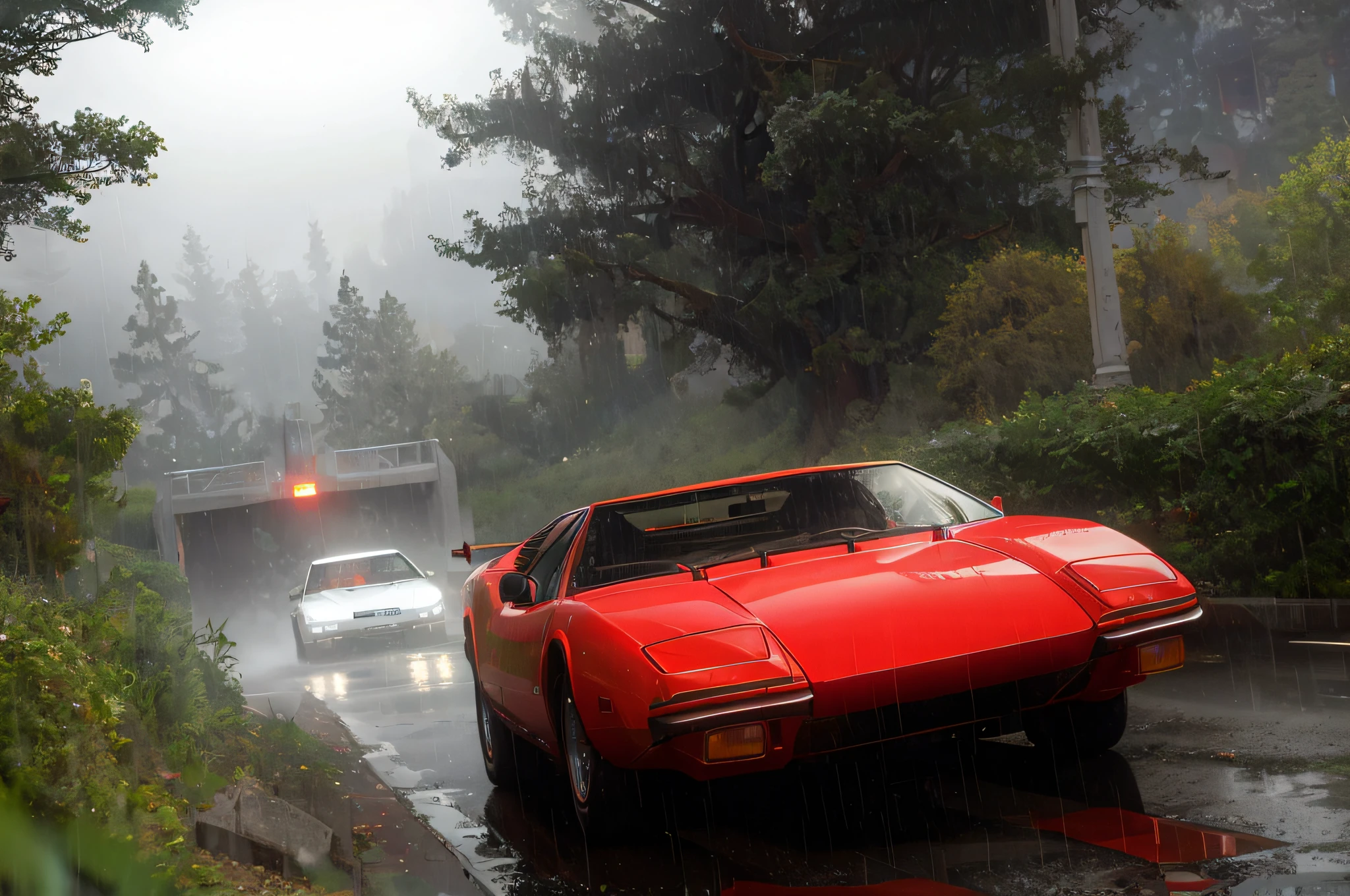 Dark photo of a red Lamborghini Countach car, colored glass, driving through the city (at night), ((heavy rain)), ((night)), helicopter chase and police, high detail, sharp focus, (photorealism), realistic, best quality, 8k, award-winning, dramatic lighting, epic, cinematic, masterpiece, rim light, fog environment:1.2, summer, heat distortion, black birds, epic, dutch angle, wide-angle lens,