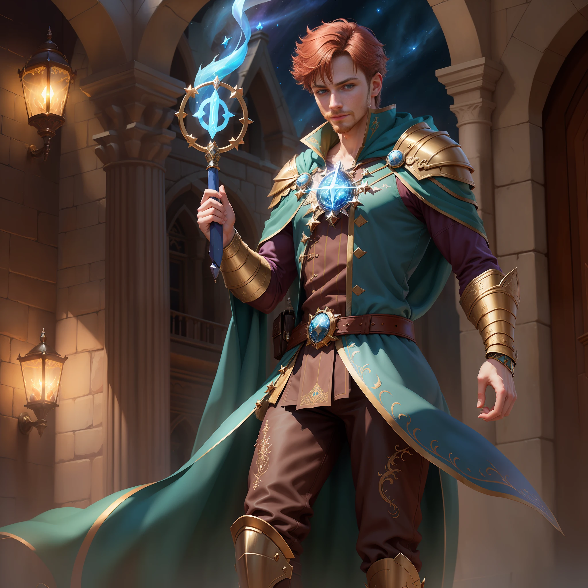 closeup of 1man, fratboy jock(Cameron Monaghan:0.5)with short beard (({sorcerer|wizard|})), {a moonlit night}, (good hands:1.5), (5 fingers: 1.5),(good anatomy:1.5) young man, college, fantasy, {sorcerer}, red hair, full wizard clothes, face with a friendly smile, closed clothes, hdr, photographic, masterpiece, fantasy art, character modeling, sorcerer aasimar, detailed, character design, dungeons and dragons, character modeling, full blue moon, colorful, photographic, nvidia ray tracing, hdr, 8k, curse of sthard, beautiful face, beautiful sky, (detailed fantasy background), (ink and watercolor: 1.2), (illustration), classic art: 0.4, detailed, intricate, (fantasy art), muted color: 0.2, best quality, good anatomy, good composition, good proportions, good design, dynamic pose, good pose, realistic sky, realistic backgrounds, perfect lighting, perfect shading, (cinematic), dark fantasy illustration, (high resolution: 1.2), beautiful, stunning, gorgeous, (highest quality, masterpiece:1.3), (empty hands, holding magic power:1.55) --auto --s2