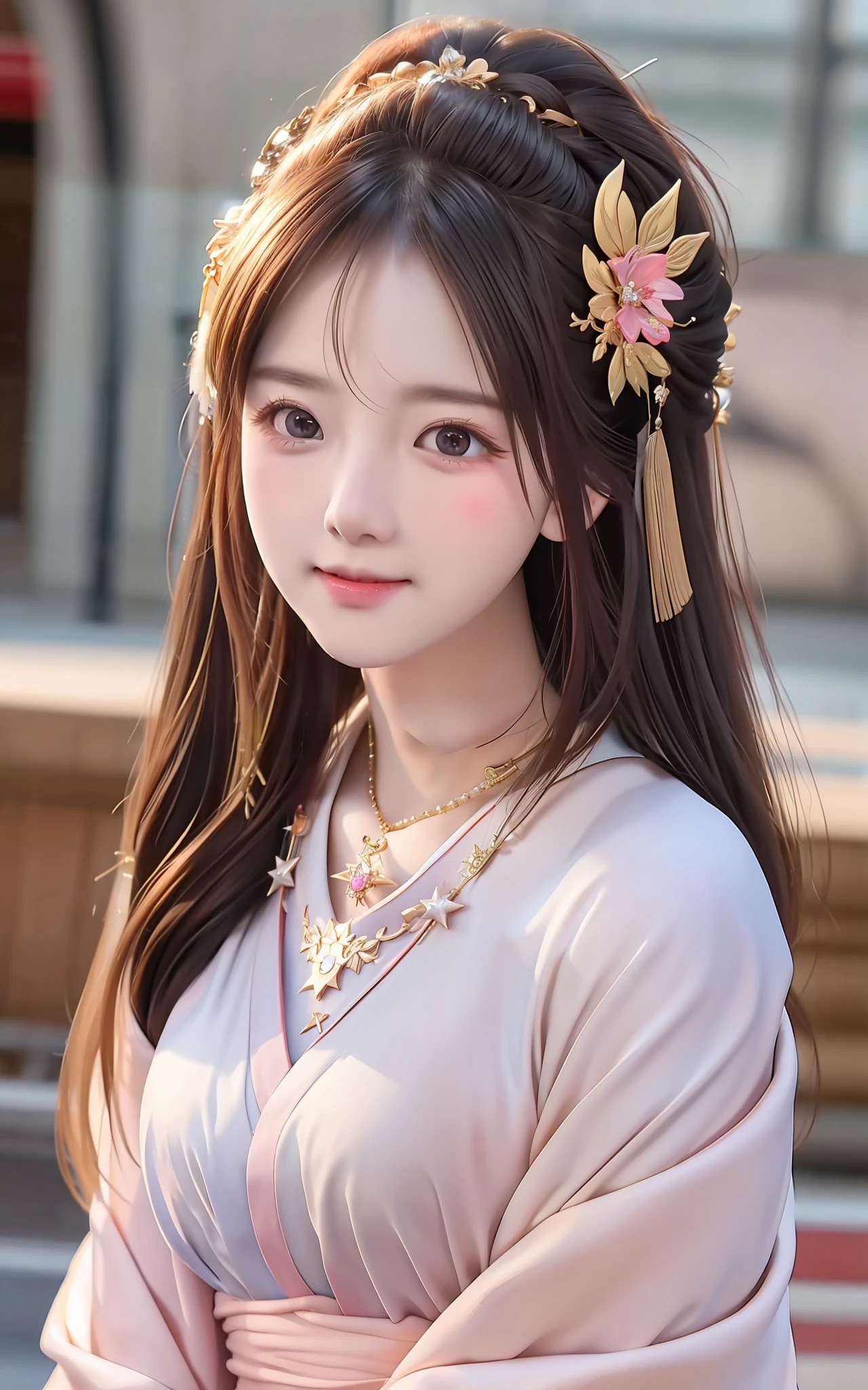 best quality, masterpiece, highres, 1girl,blush,(seductive smile:0.8),star-shaped pupils,china hanfu,hair ornament,necklace, jewelry,Beautiful face,upon_body, tyndall effect,photorealistic, dark studio, rim lighting, two tone lighting,(high detailed skin:1.2), 8k uhd, dslr, soft lighting, high quality, volumetric lighting, candid, Photograph, high resolution, 4k, 8k, Bokeh
