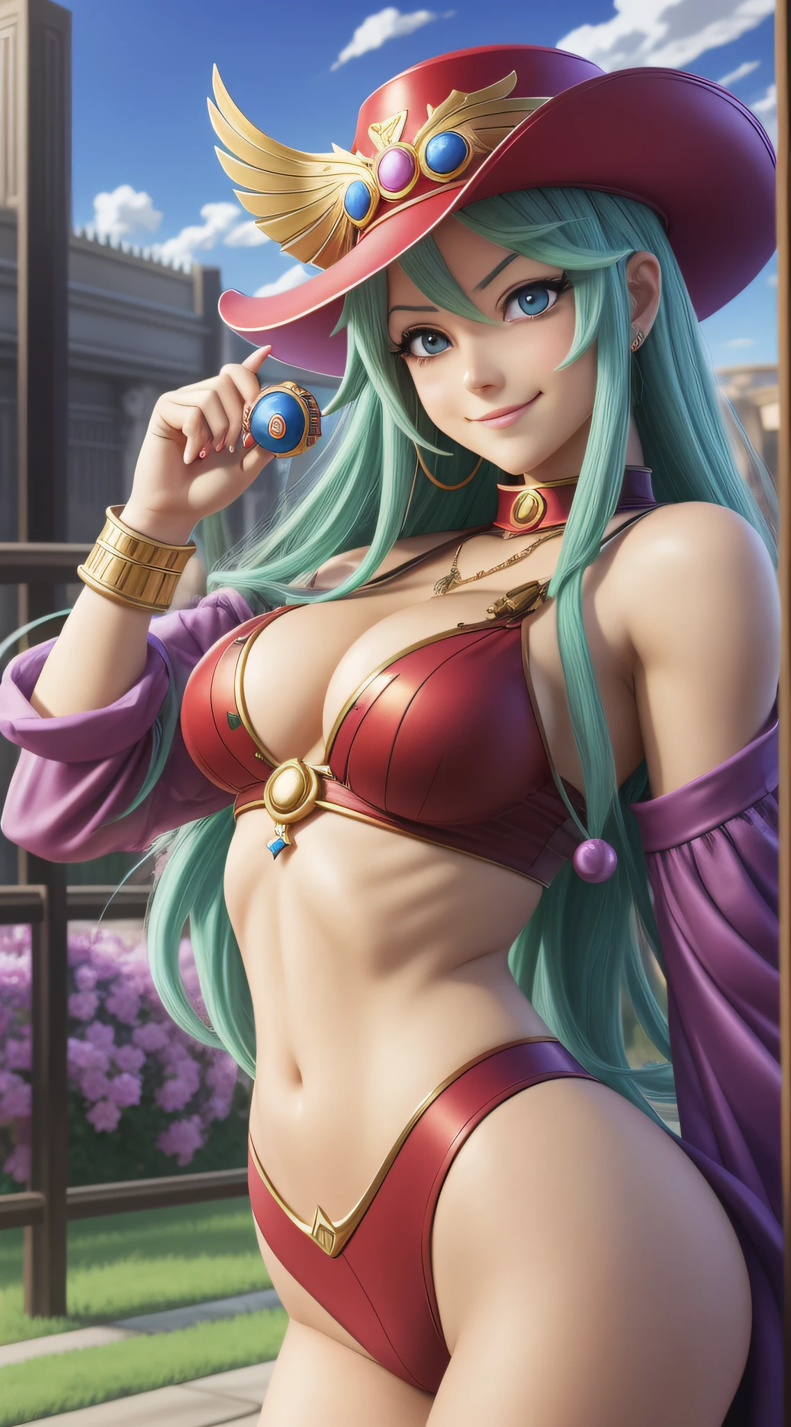 A closeup of a person wearing a hat and holding a red button, Zeppeli gyroscope, Jojo anime style, knights portrait of zodiac girl, posing as a JoJo character, nefarious smile, Gelbooru anime image, Lady Palutena, Maya Fey from Ace Attorney, portrait of Hisoka Hunter Hunter, anime character, Roguish Smirk, REALISTIC, variations.
