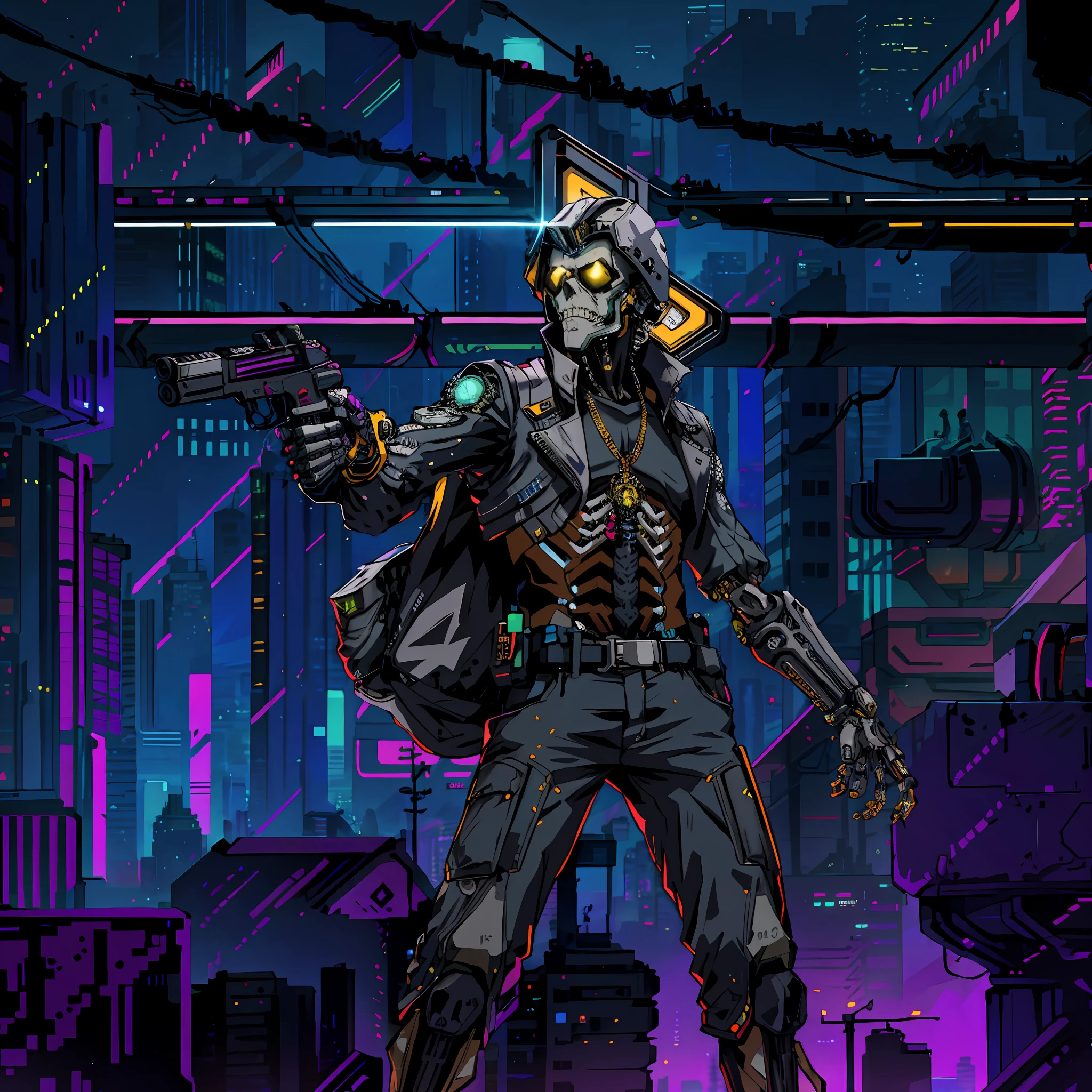 there is a skeleton holding a gun in a city Neon, Cyberpunk skeleton, Cyberpunk pixel art, Raypunk, People passing by in the background, Cyberpunk Voodoo, Cyber Skeleton, Cyberpunk Street Goon, Cyberpunk Shading, Cyber Skeletons, Cyberpunk Hero, In Cyberpunk City, Glitchpunk, Cyberpunk Dude, Cyber Space Cowboy, Cyberpunk Gladiator, Cyborg, Cyberpunk, Cyberpunk Art Style, Cyber Soldier with a Gun in His Hand in front of a City,  cyberpunk pixel art, cyberpunk art style, cyberpunk art style, cyberspace cowboy, cyberpunk skeleton, cyberpunk anime digital art, cyberpunk anime art, cyberpunk theme art, cyberpunk art, highly detailed cyberpunk, cyberpunk face, cyberpunk artm, cyberpunk hero, cyberpunk detailed illustration, cyberpunk soldier, cyberpunk shading,(Akira), (anime style: 1980)