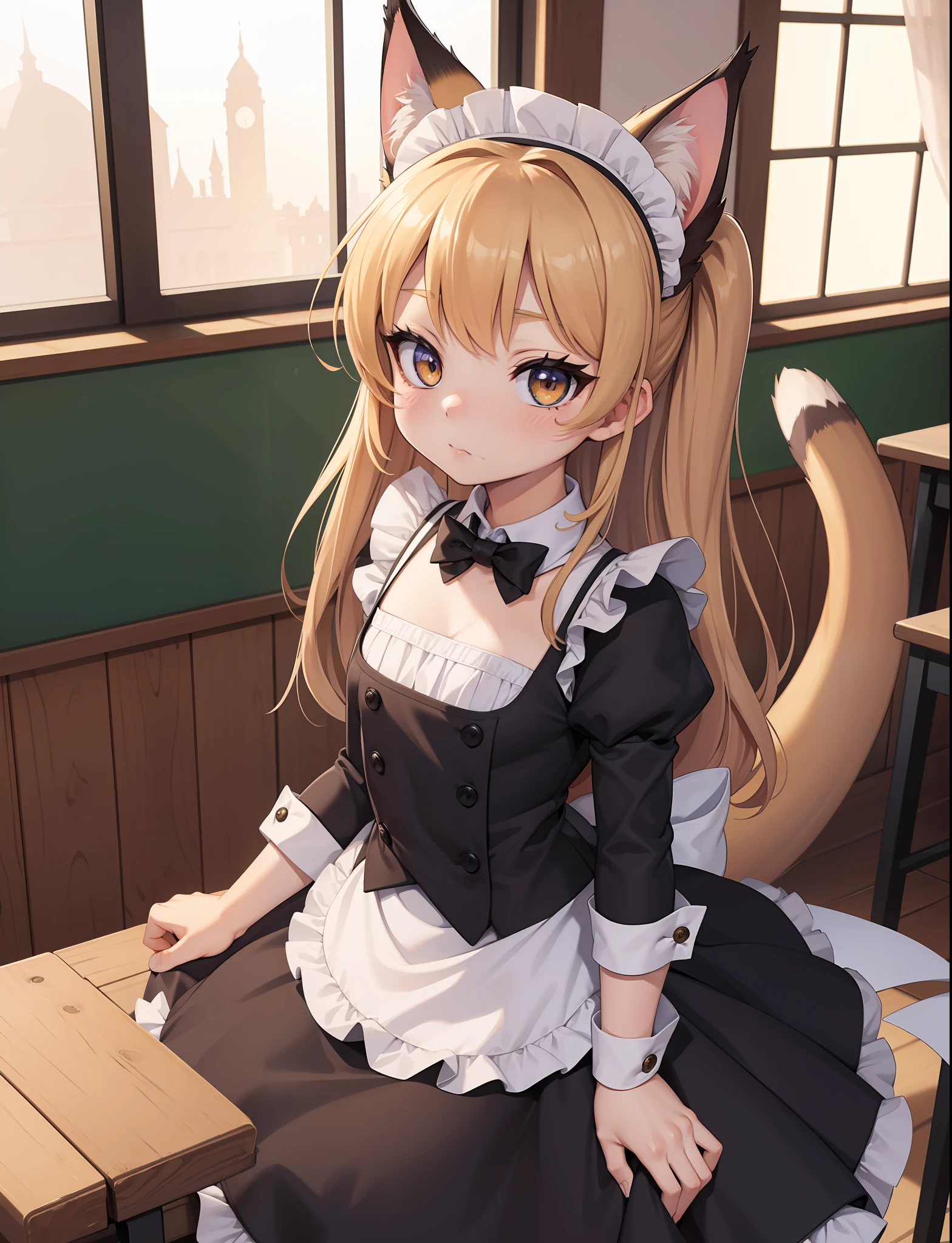 masterpiece, best quality,hdr,8k,1girl,furry female,classroom,chibi
caracal,caracalcat,ningmao,kitten,adorable,maid dresss, looking at viewer,flat chest