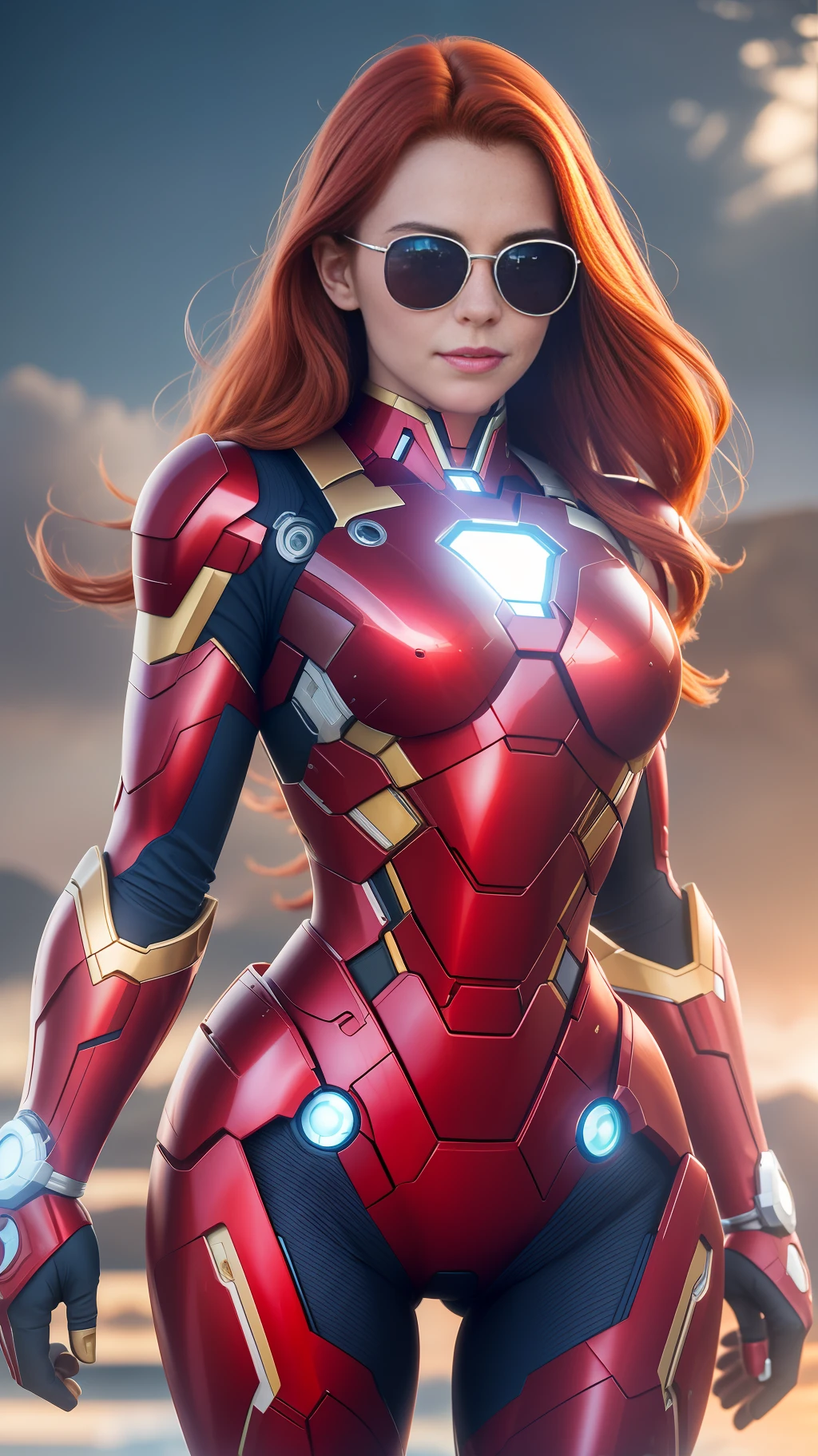 Masterpiece, 4K, HQ, Realistic, charachter, hyper-intrincate, a incredible redhead girl in the skycraper, ironman suit, she is the ironman, superhero movie, clean skin, white skin, longer hair, rayban wayfarer sunglasses, relax, 25 years old, full-body frame, complete body shot, complete image subject, cinematic, natural ilumination, powerful, impressive, lovely,