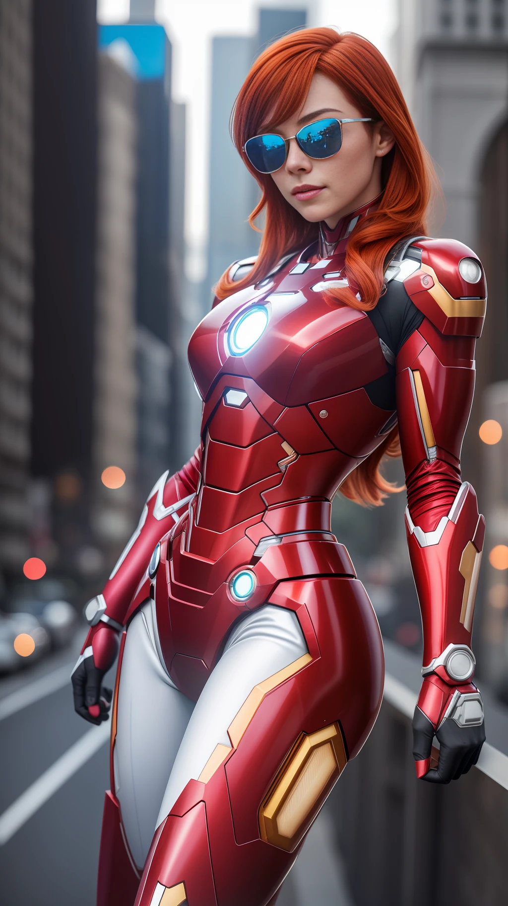 Masterpiece, 4K, HQ, Realistic, charachter, hyper-intrincate, a incredible redhead girl in the skycraper, ironman suit, she is the ironman, superhero movie, clean skin, white skin, longer hair, rayban wayfarer sunglasses, relax, 25 years old, full-body frame, complete body shot, complete image subject, cinematic, natural ilumination, powerful, impressive, lovely,