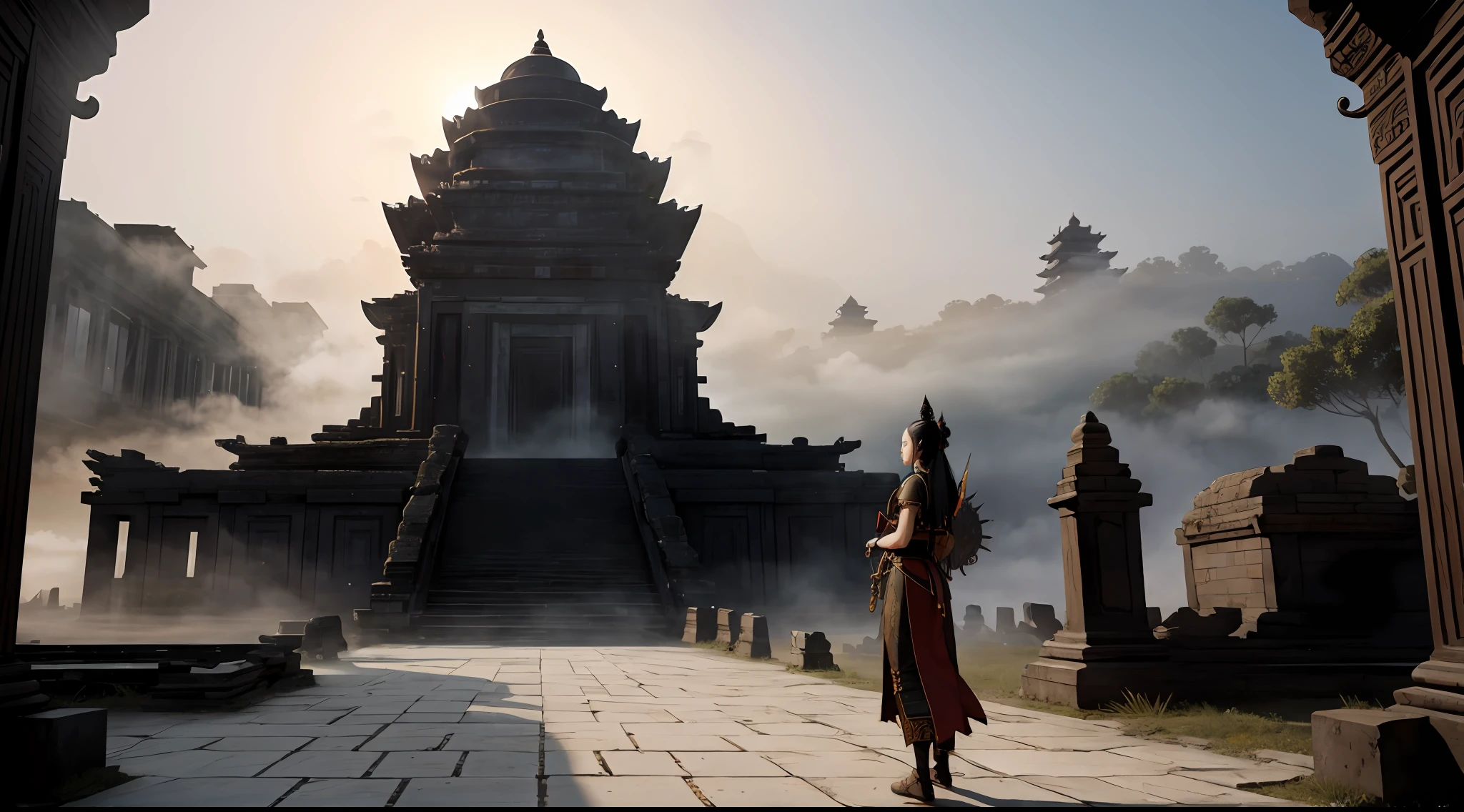 absurd, realistic lighting, (abyss) masterpiece, high quality, beautiful graphics, high detail, dressed woman, extremely refined and beautiful, amazing, fine detail, masterpiece, hyper-detail, high resolution, (best illustration), (best shadow), intricate, ancient landscape, thousand hands bodhisattva, temple, (mysterious black fog), journey to the west, ((corpse), ((ancient monster)), (ruins), (battlefield), (blood stain), glazed tiles, Buddha statue, lantern,