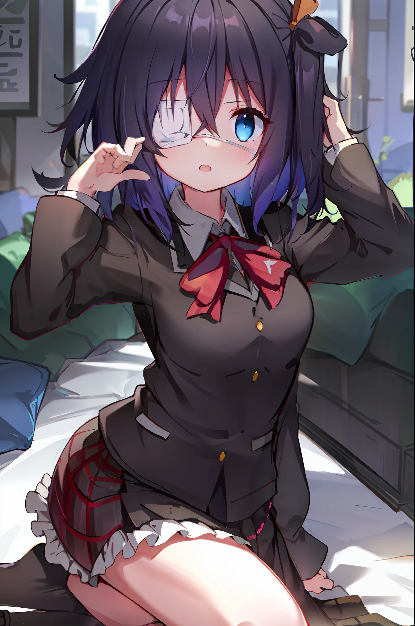 high res, masterpiece,Rikka Takanashi, black hair, solo, 1girl,outside,deatailed background, detailed eyes, ((blue eyes)), eyepatch