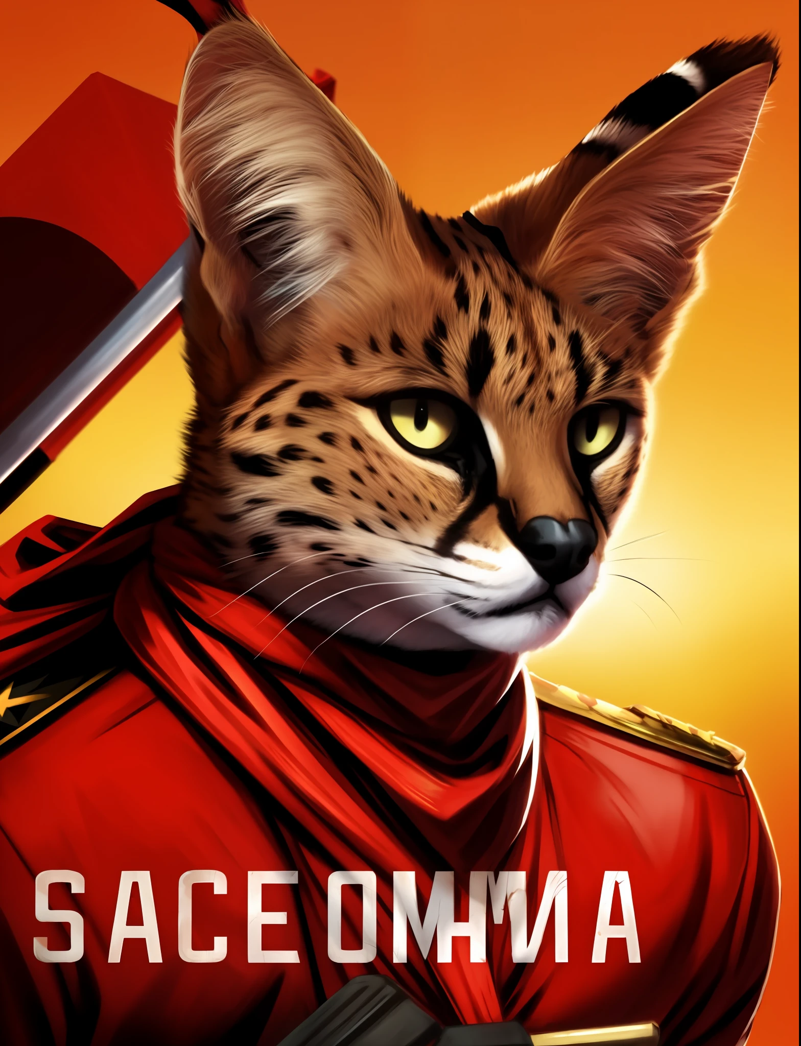 masterpiece,hires, solo,1cat,serval,servalcat,soumao,red neckerchief,retro,(Propaganda of communist ideology:1.1), Sickle and hammer,battle tank,face focus,best quality,