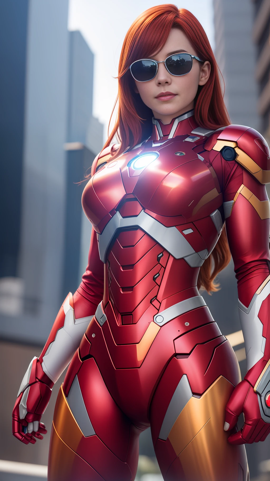 Masterpiece, 4K, HQ, Realistic, charachter, hyper-intrincate, a incredible redhead girl in the skycraper, ironman suit, she is the ironman, superhero movie, clean skin, white skin, longer hair, rayban wayfarer sunglasses, relax, 25 years old, full-body frame, complete body shot, complete image subject, cinematic, natural ilumination, powerful, impressive, lovely,