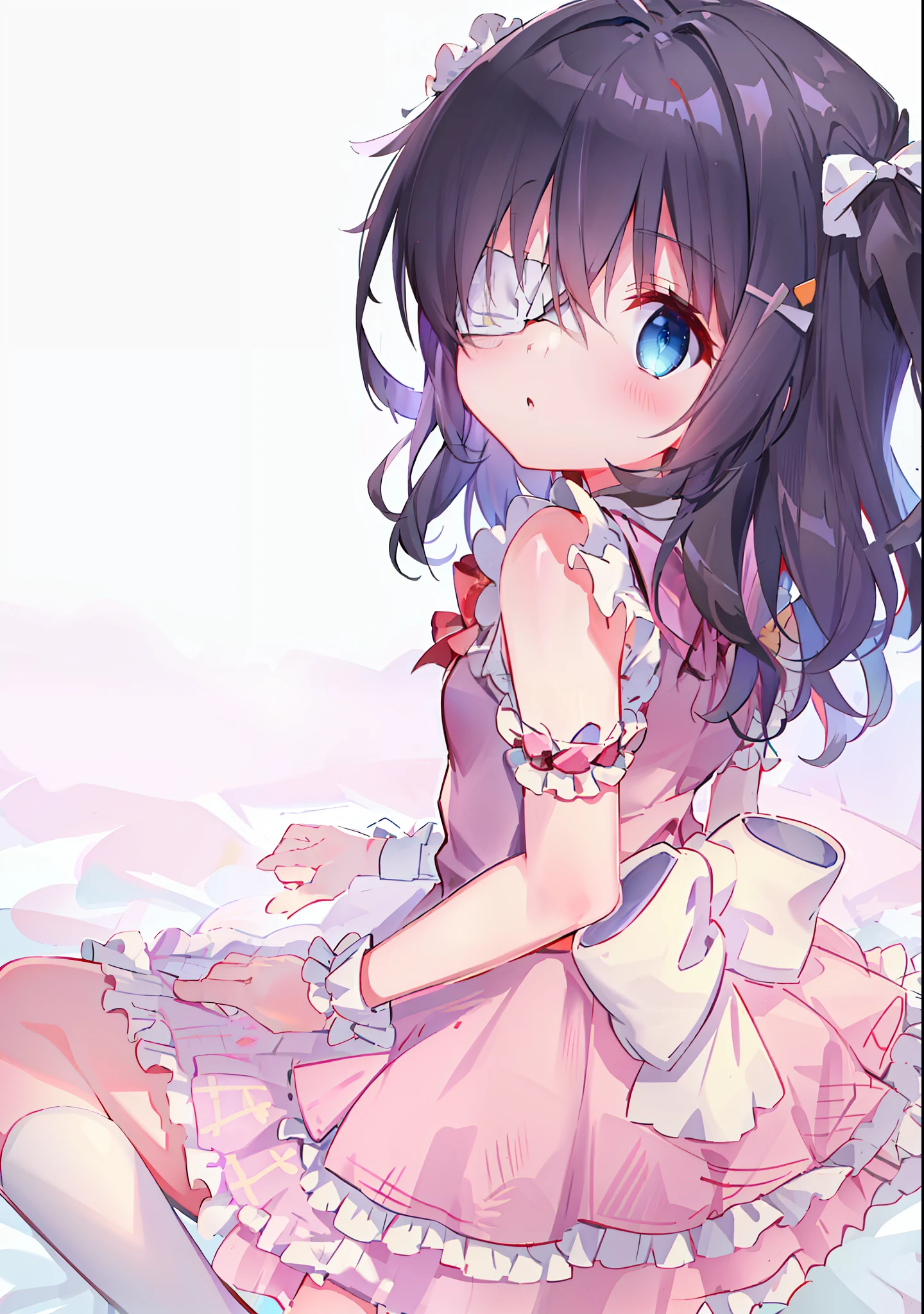 high res, masterpiece,Rikka Takanashi, black hair, solo, 1girl,outside,deatailed background, detailed eyes, ((blue eyes)), eyepatch