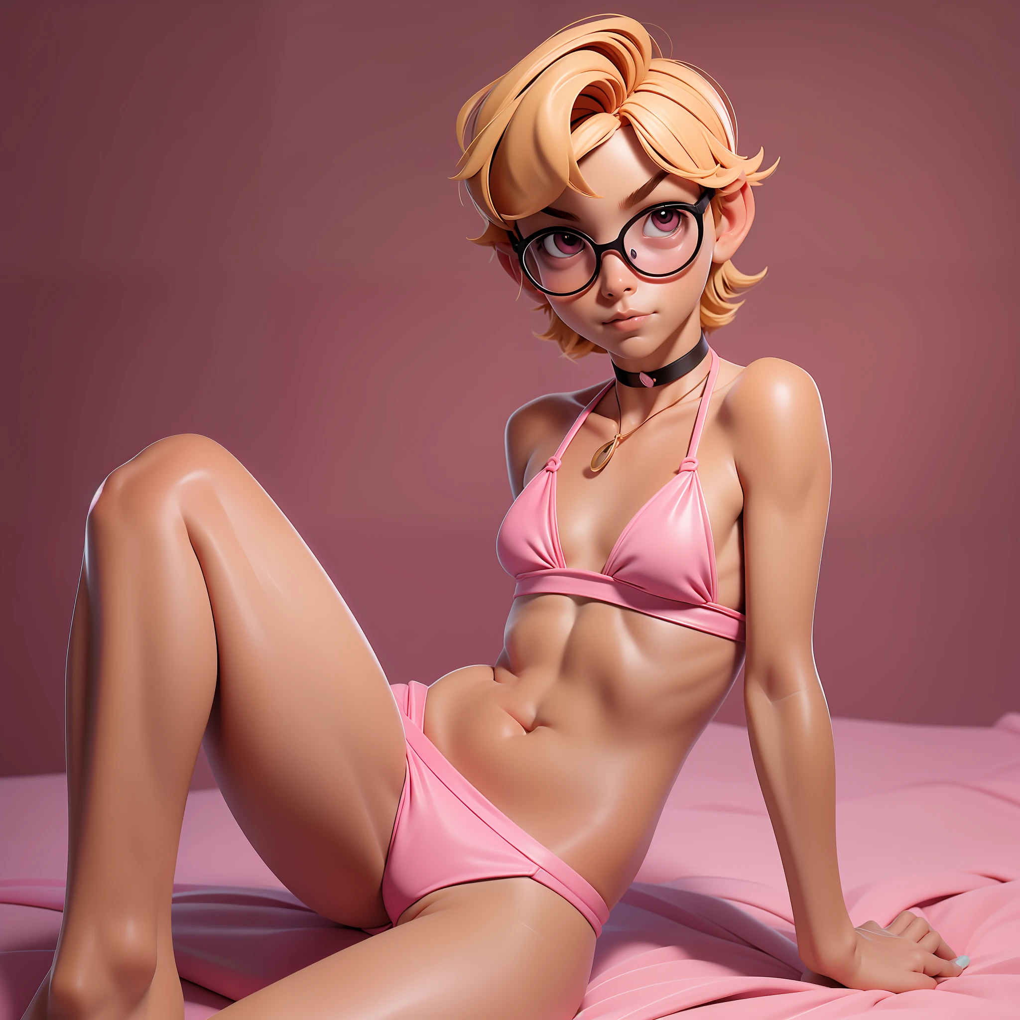 Masterpiece, highest quality, high resolution, solo, girl, flat chest, no breast,pink bikini, Big Glasses ,very short blonde hair,boyish hair,pink choker necklace,no background.sitting,crawling tward viewer,