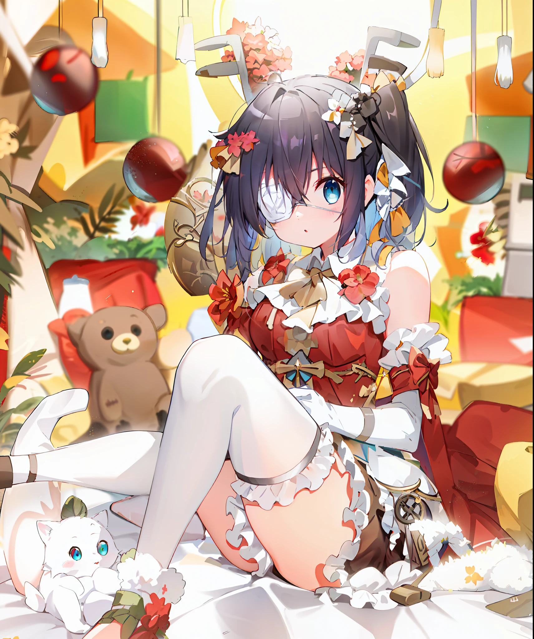 high res, masterpiece,Rikka Takanashi, black hair, solo, 1girl,outside,deatailed background, detailed eyes, ((blue eyes)), eyepatch