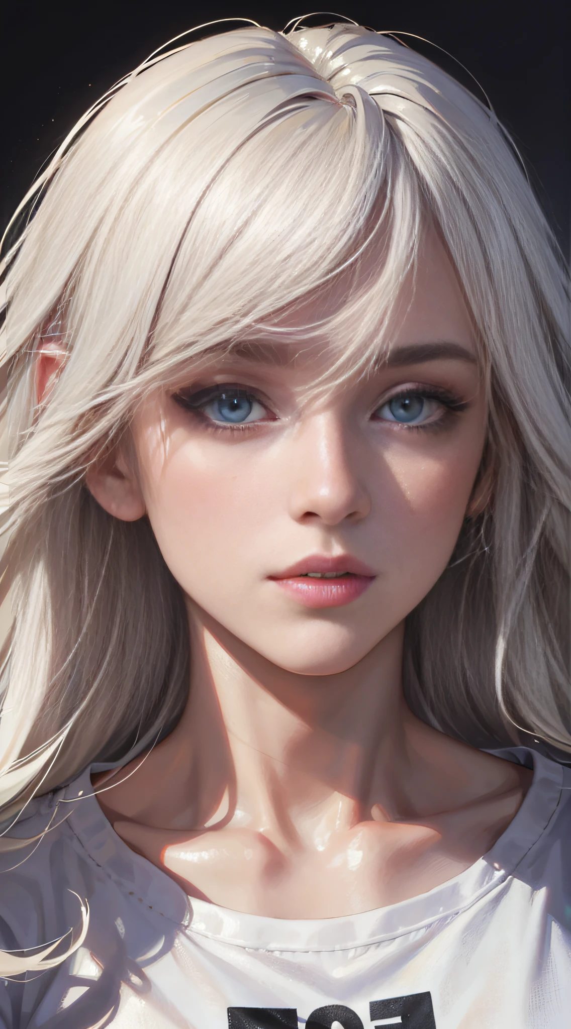 masterpiece, high quality, sharp focus, 1lady, a canadian woman, platinum blonde hair, oversized tshirt, perfect face, perfect jawline, textured skin, beautiful lips, upper-body shot, cold lighting, cool atmosphere, 8k, uhd, absurdres