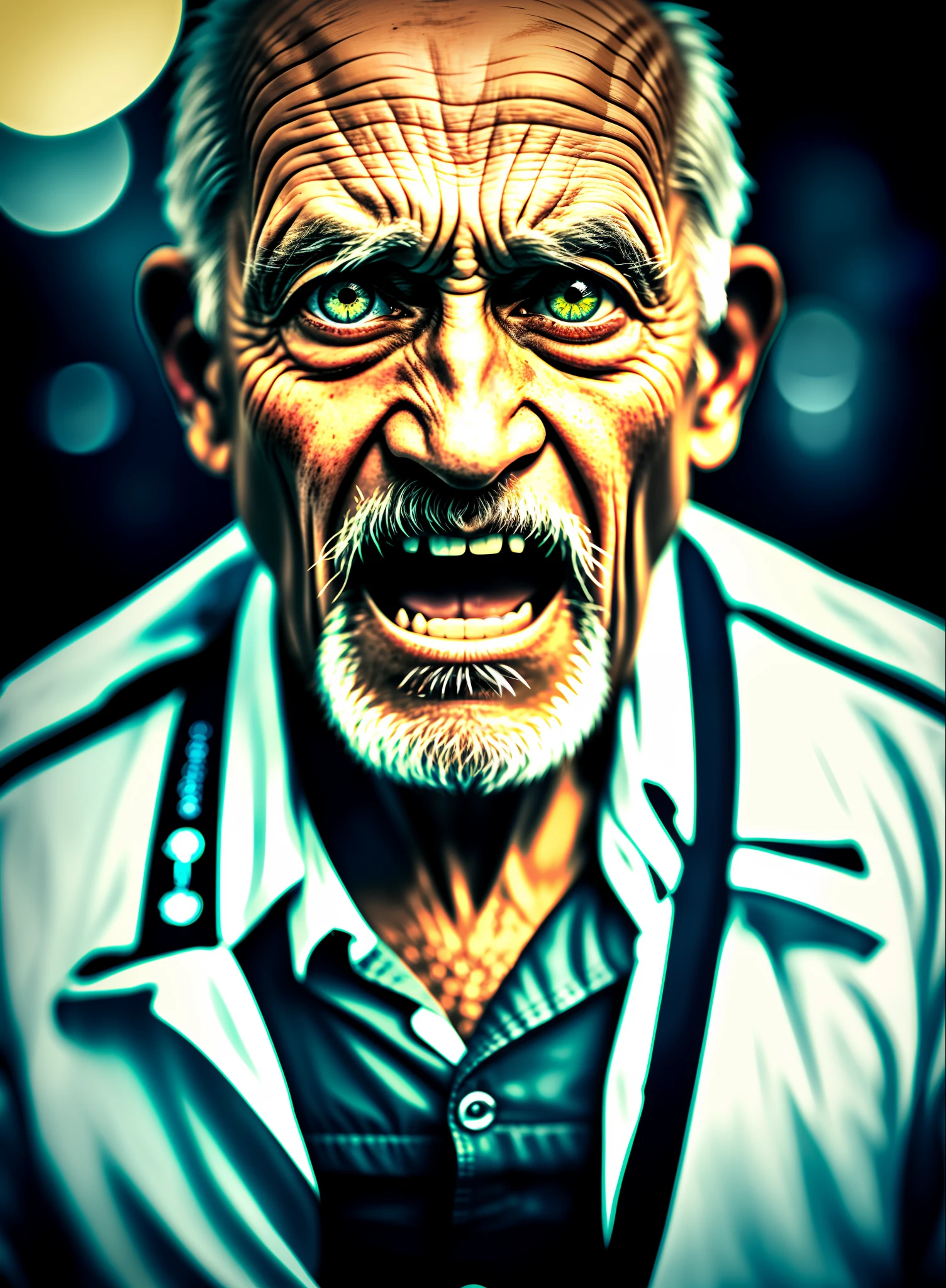 award winning upper body portrait photo of an old screaming sailor, eyes looking upwards, (bokeh:0.7), sidelit, (wrinkled face in detail:0.7), telephoto, moonlit, torchlit, gritty atmosphere, oceanic night exterior, realistic, intricate details, true aged skin texture