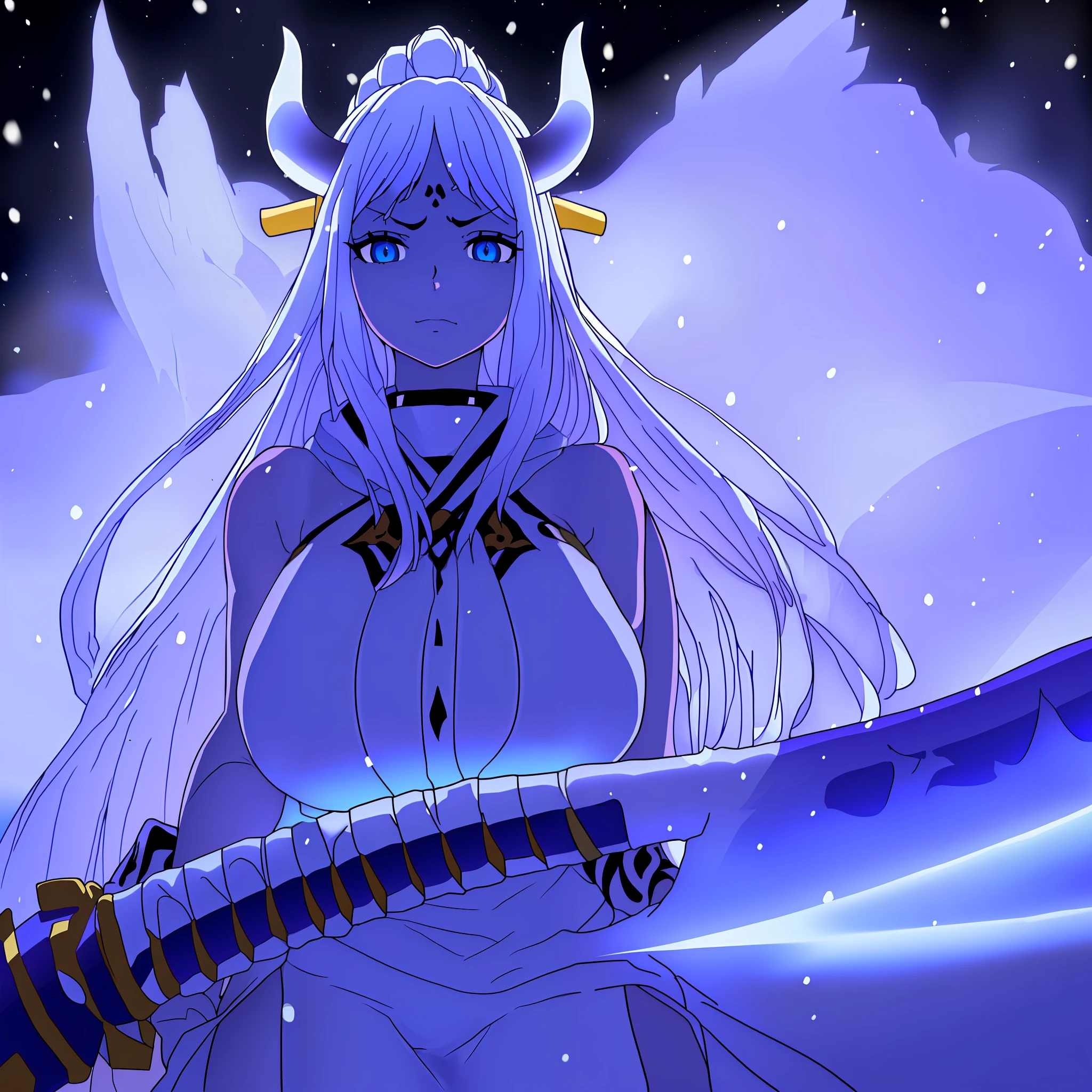 1woman, giant Oni, horns, giant 70m, colossal, bluish skin, long white hair, stirs, thin waist, face with shadow, bright eyes cyan, large breasts, small background, night, snow, carrying katanas, skulls, tribal snow