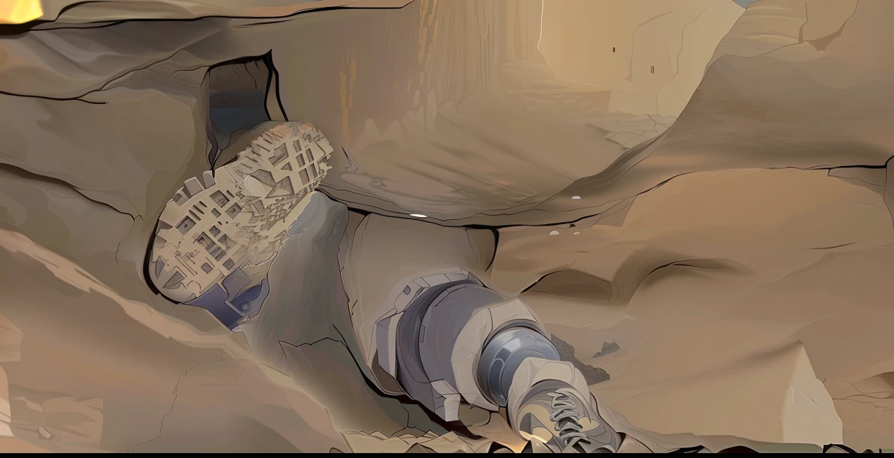 there is a broken shoe that is sitting on the rocks, in a large desert cave, cavern ceiling visible, camera looking down into the maw, crawling in a wet sewer pipe, real photo, speleothems, deep crevices of stone, in a cave, leaking, found in a cave made of clay, giant robot foot, pov photo