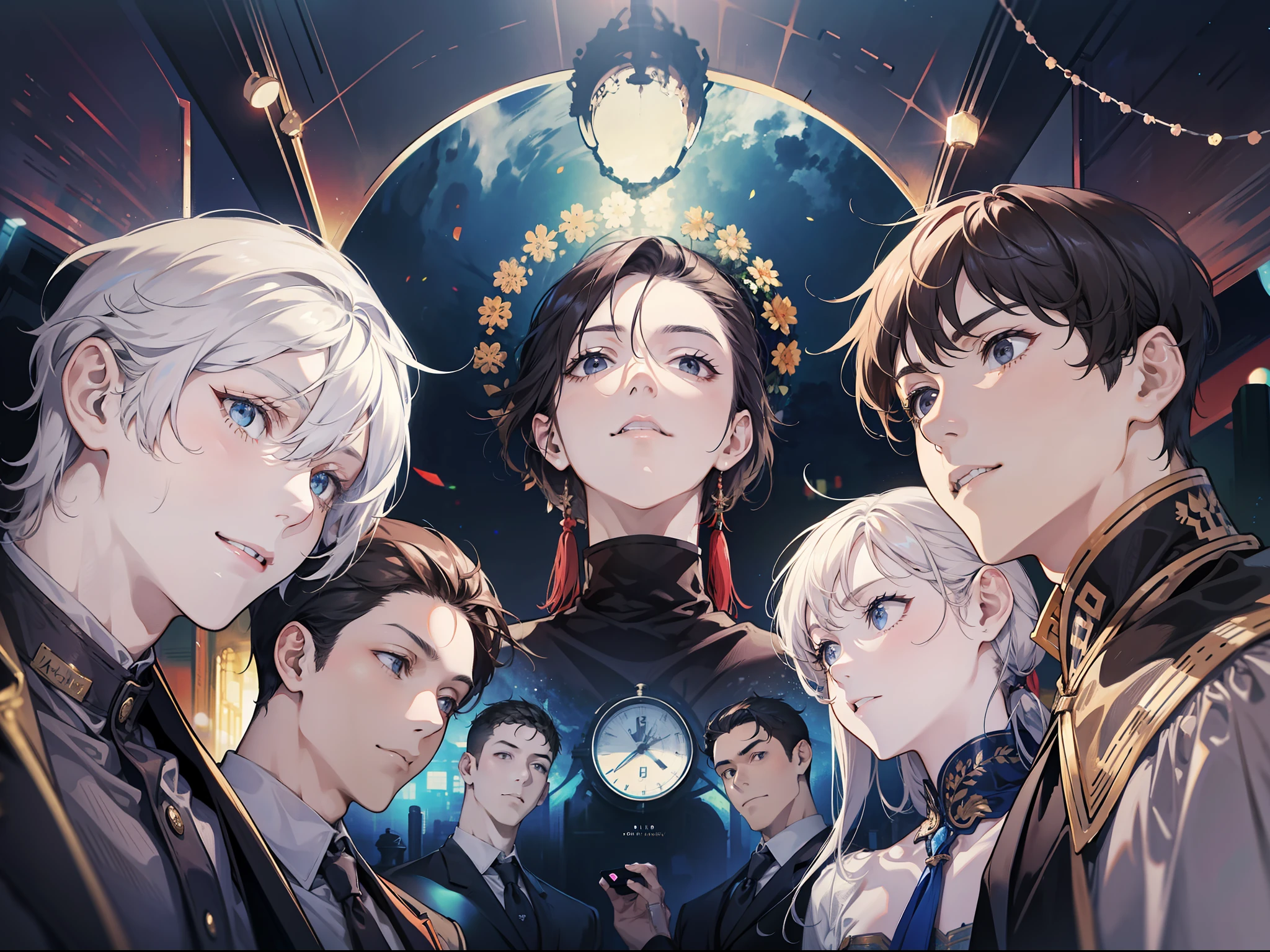 A group of men look at the camera, look up at angles, argue, reach upwards