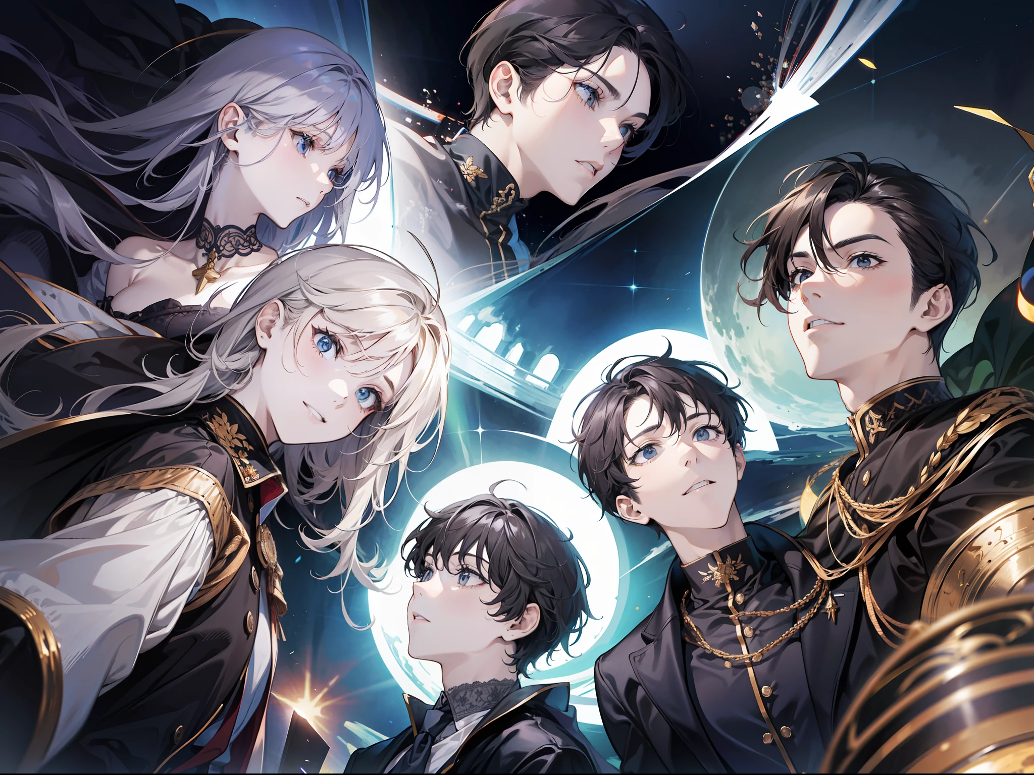 A group of men look at the camera, look up at angles, argue, reach upwards