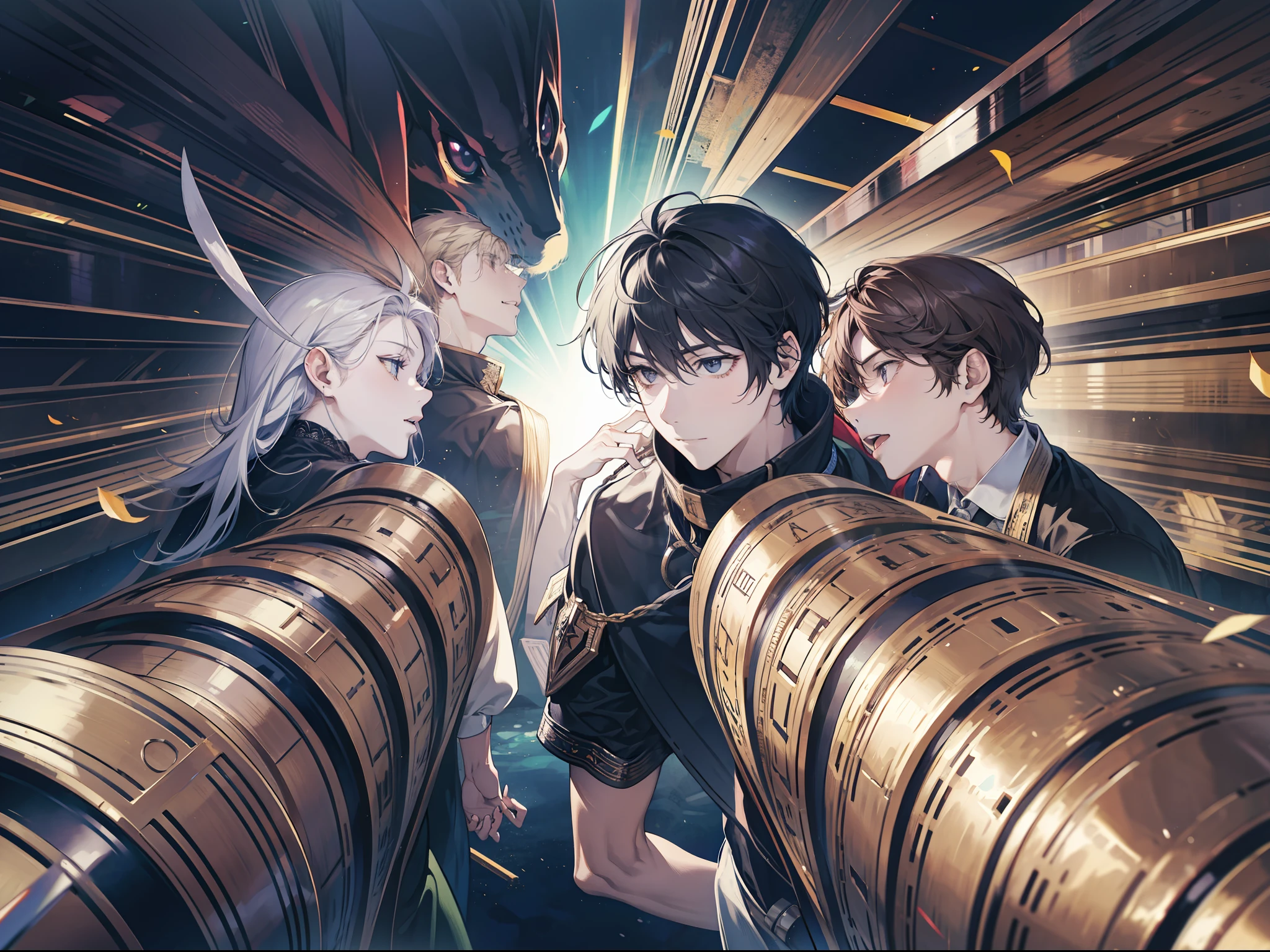 A group of men look at the camera, look up at angles, argue, reach upwards