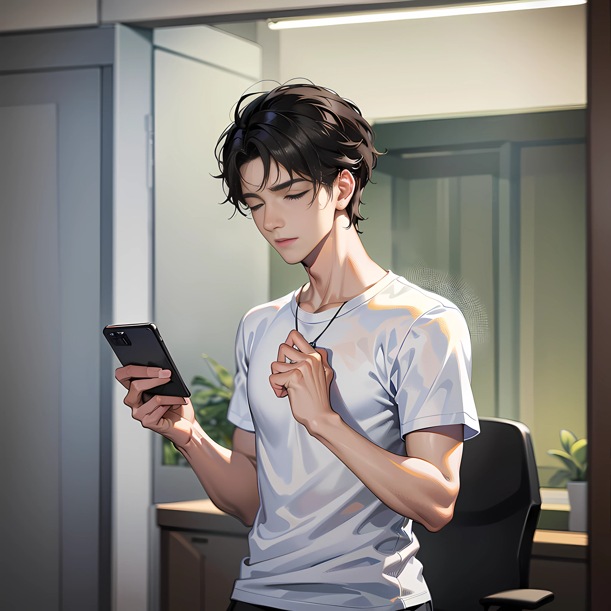 In the conference room, there is a handsome boy standing up, eyes closed, short black hair, white T-shirt and short sleeves, on the phone, super detailed, 4k, super detailed