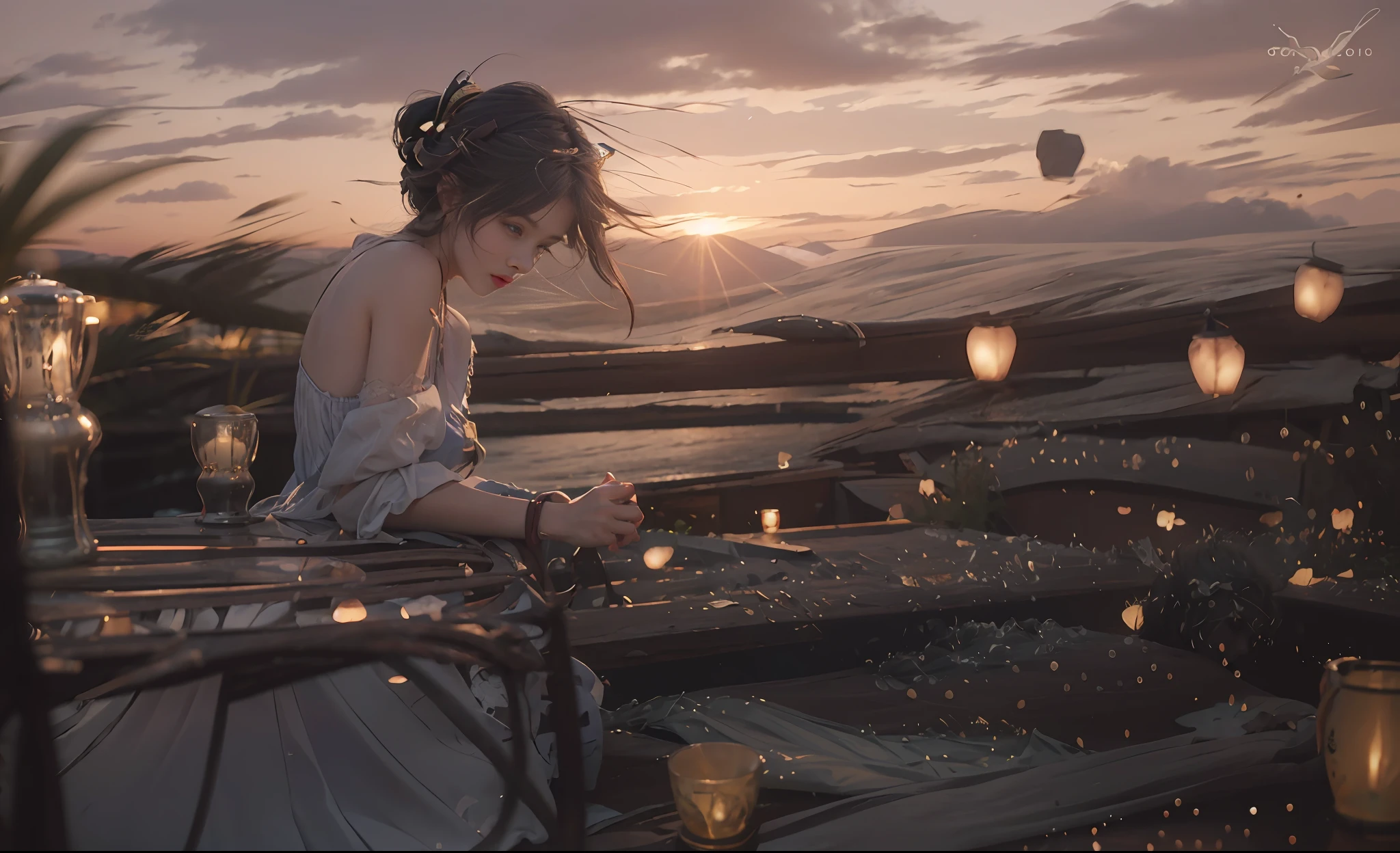 (RAW photo, best picture quality), (realism, realism: 1.3), best picture quality, high detail, masterpiece, hyper detail, illustration, girl, upper body, messy long hair, best picture quality, extremely detailed CG uniform 8k, sunset, sunset,